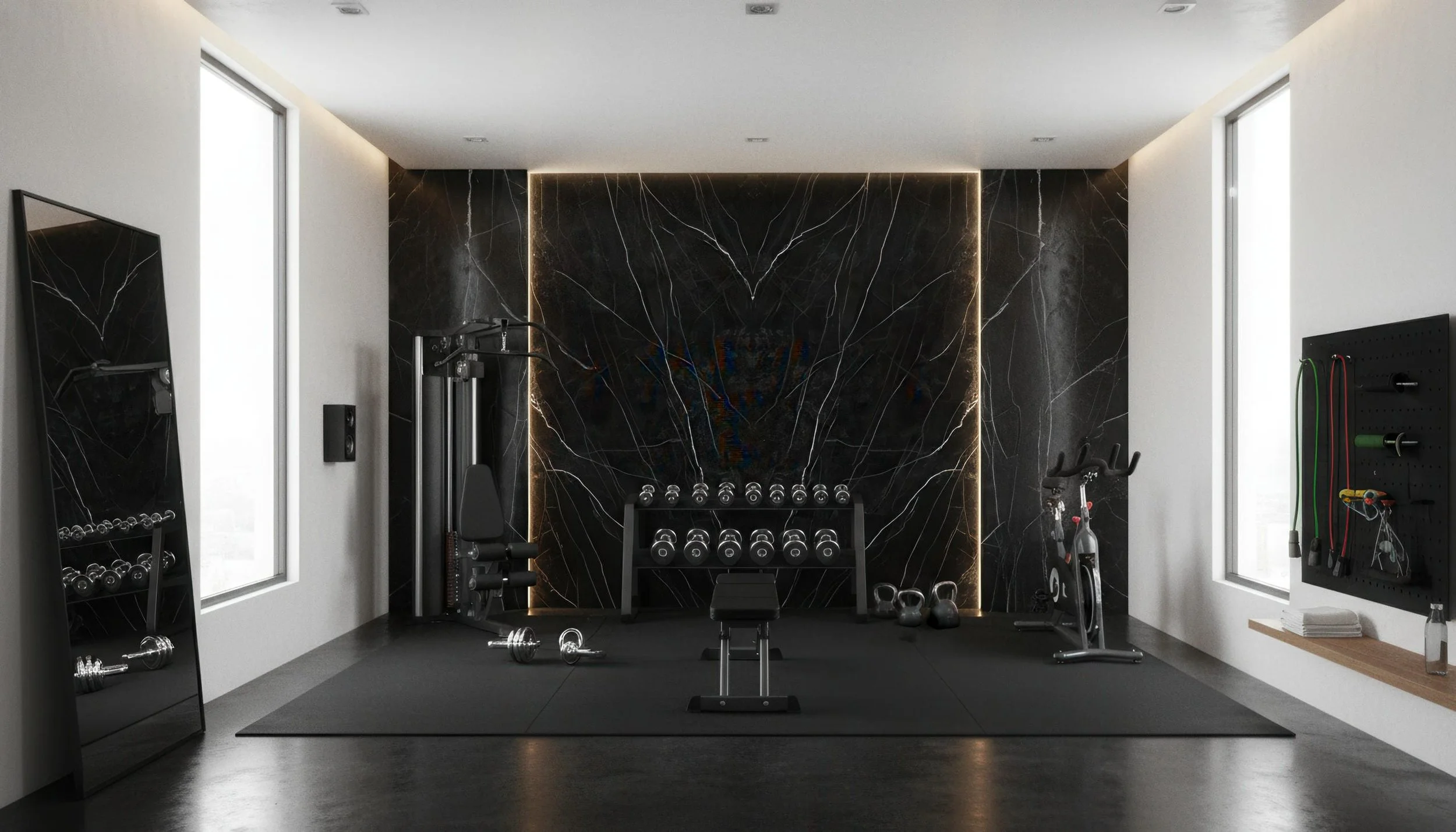Modern home gym with Nero Marquina 5x10 Porcelain Slab Featurewall| CIERO
