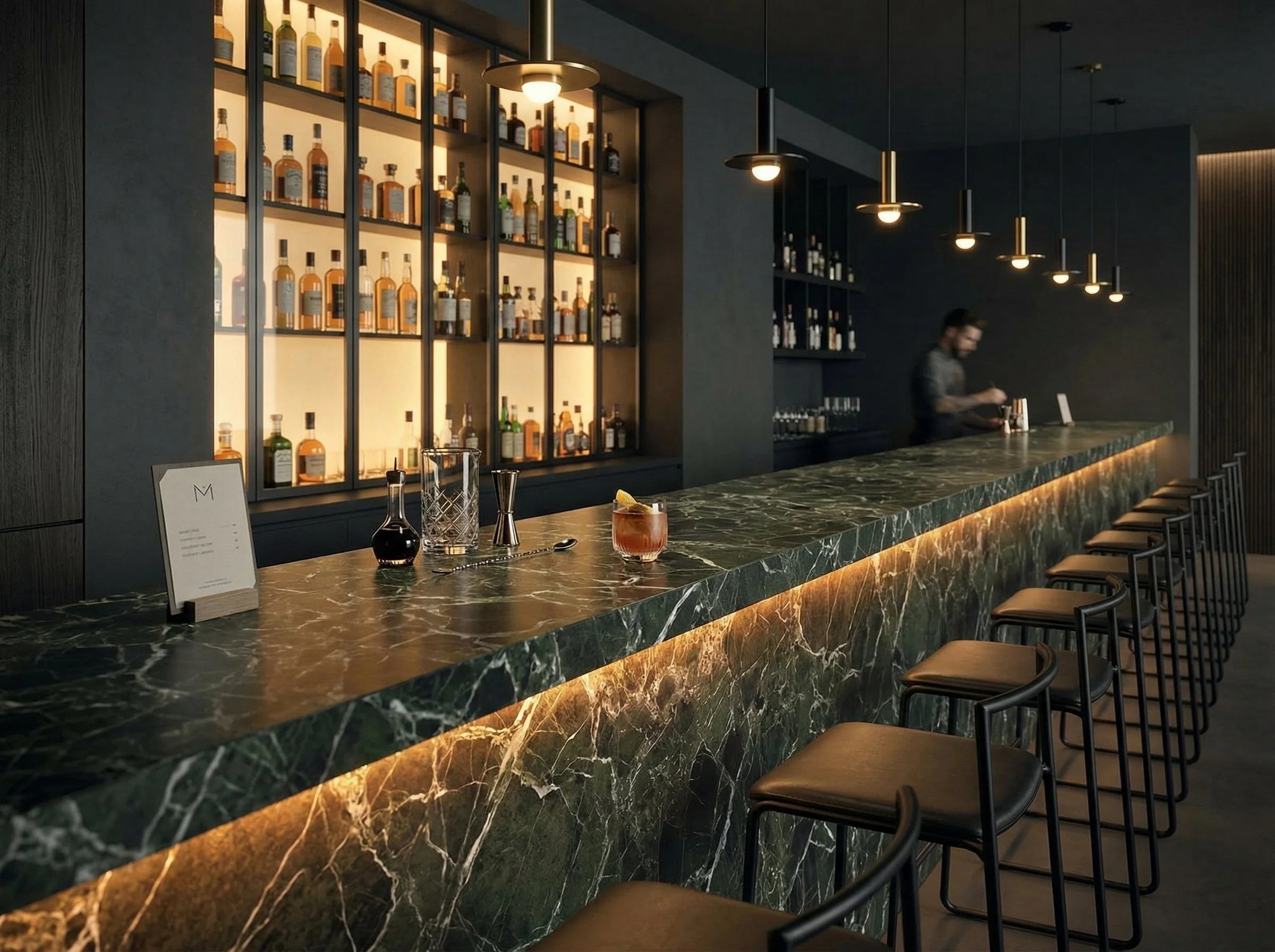 Modern Bar Made with Verde Lepanto 5x10 Porcelain Slab | CIERO