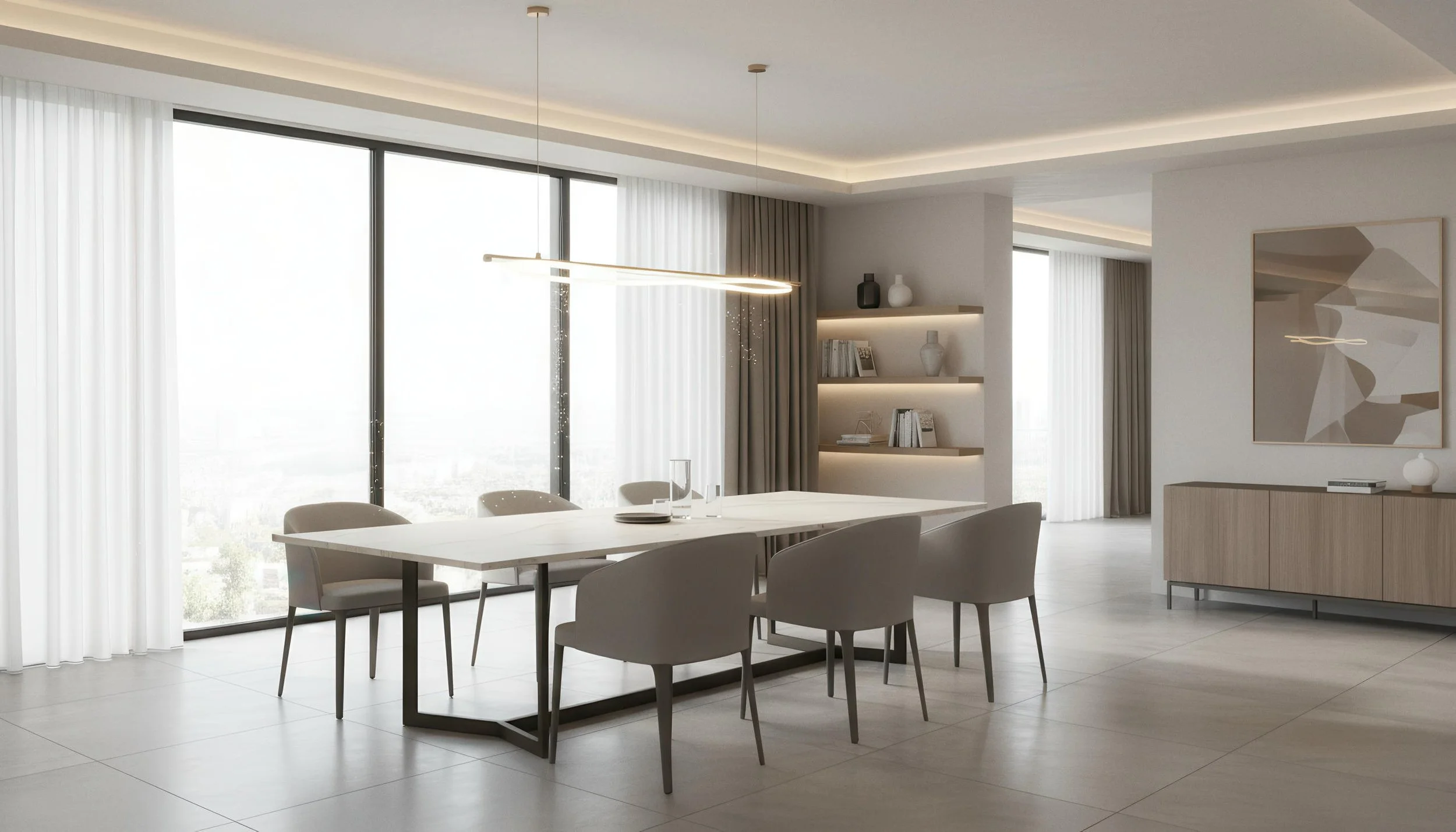 Modern Dining table made with Mystic Ivory 4x8 Porcelain Slab | CIERO