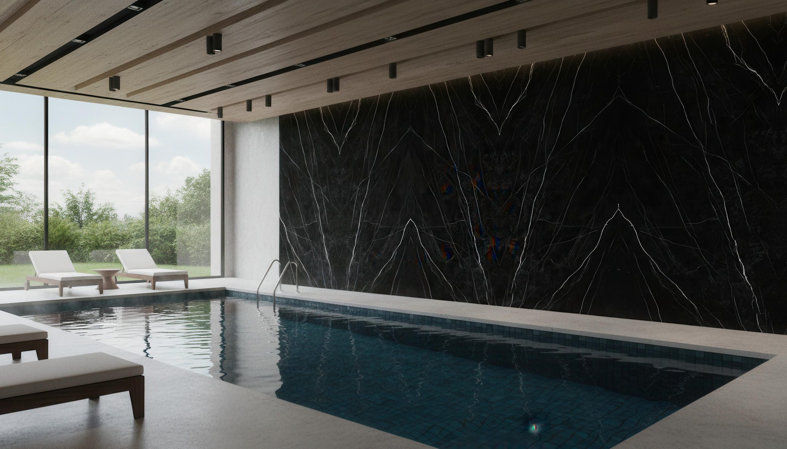 Modern indoor home swimming pool with Nero Marquina 5x10 Porcelain Slab Featurewall | CIERO