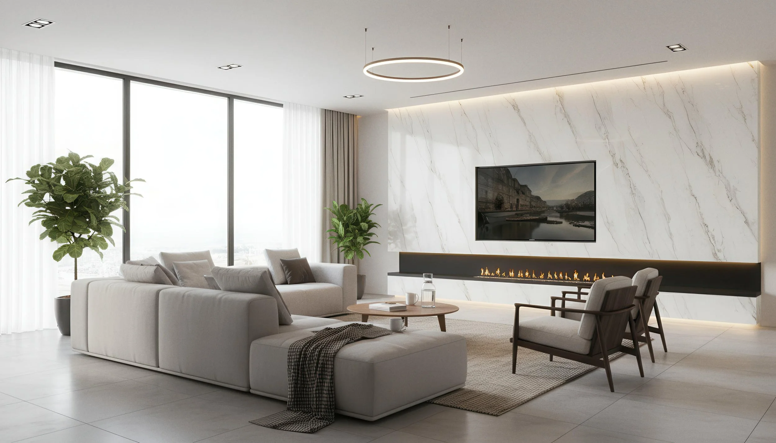 Modern Livingroom with Calacatta Carina 4x9 Porcelain Slab Back Wall | CIERO