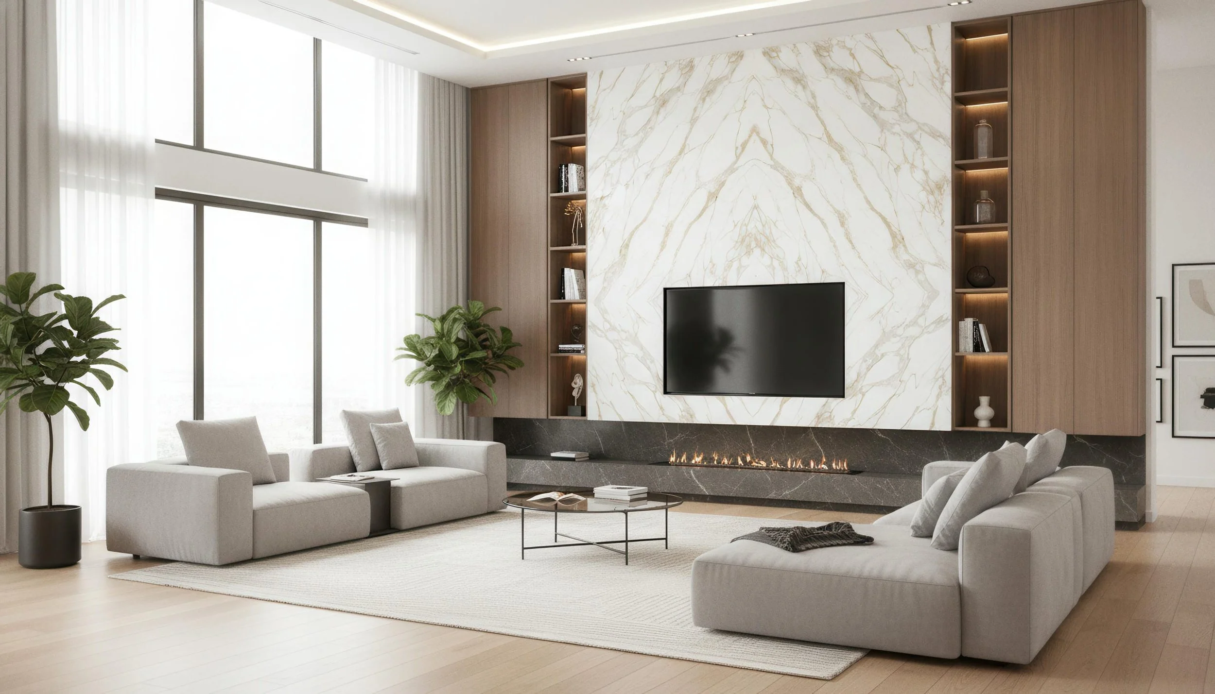 Modern livingroom with Givenchy Gold 5x10 Porcelain Slab firepalce featurewall