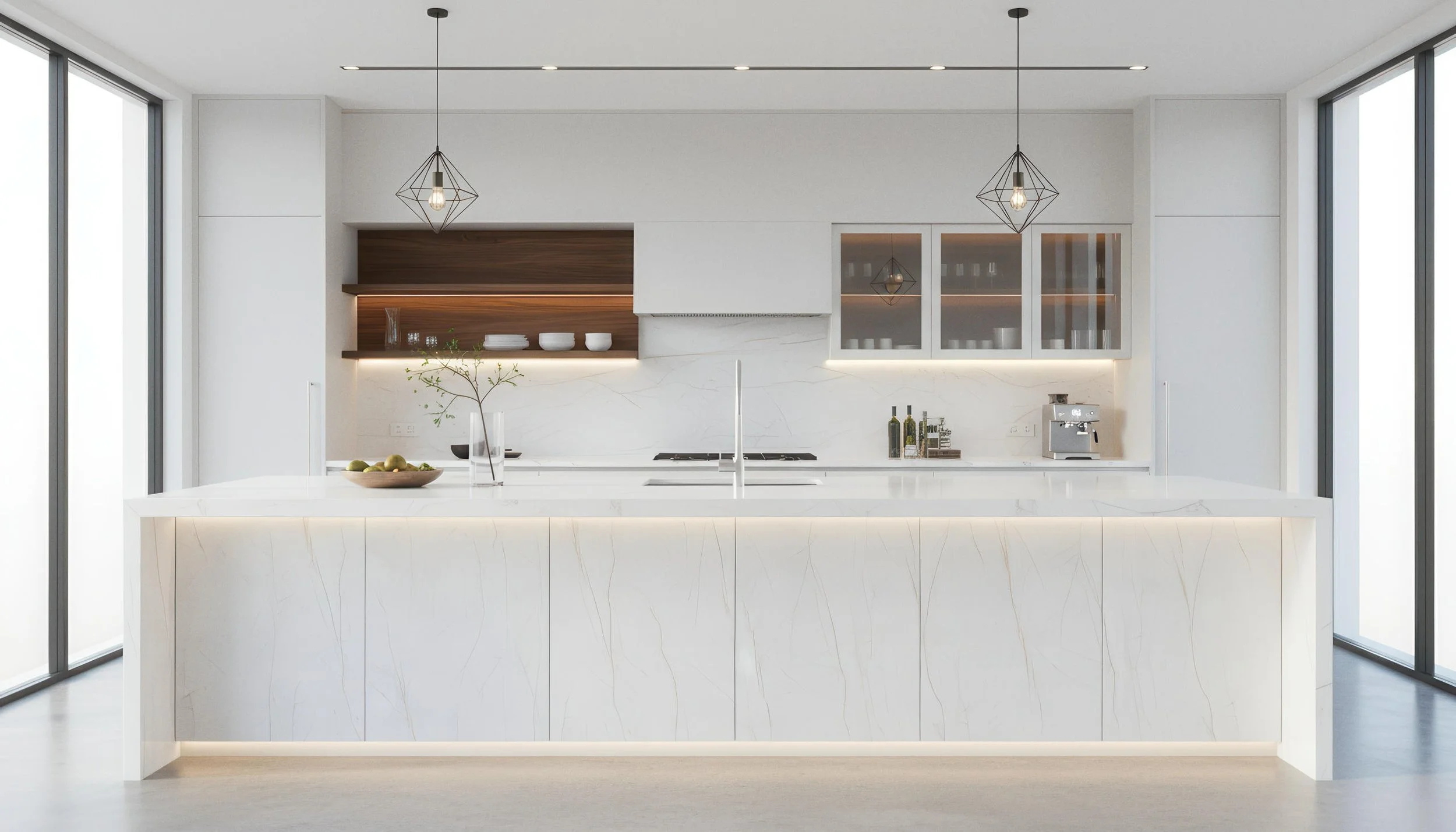 Modern Kitchen With Statuario Pearl 4x9 Porcelain Slab Island & Backsplash | CIERO