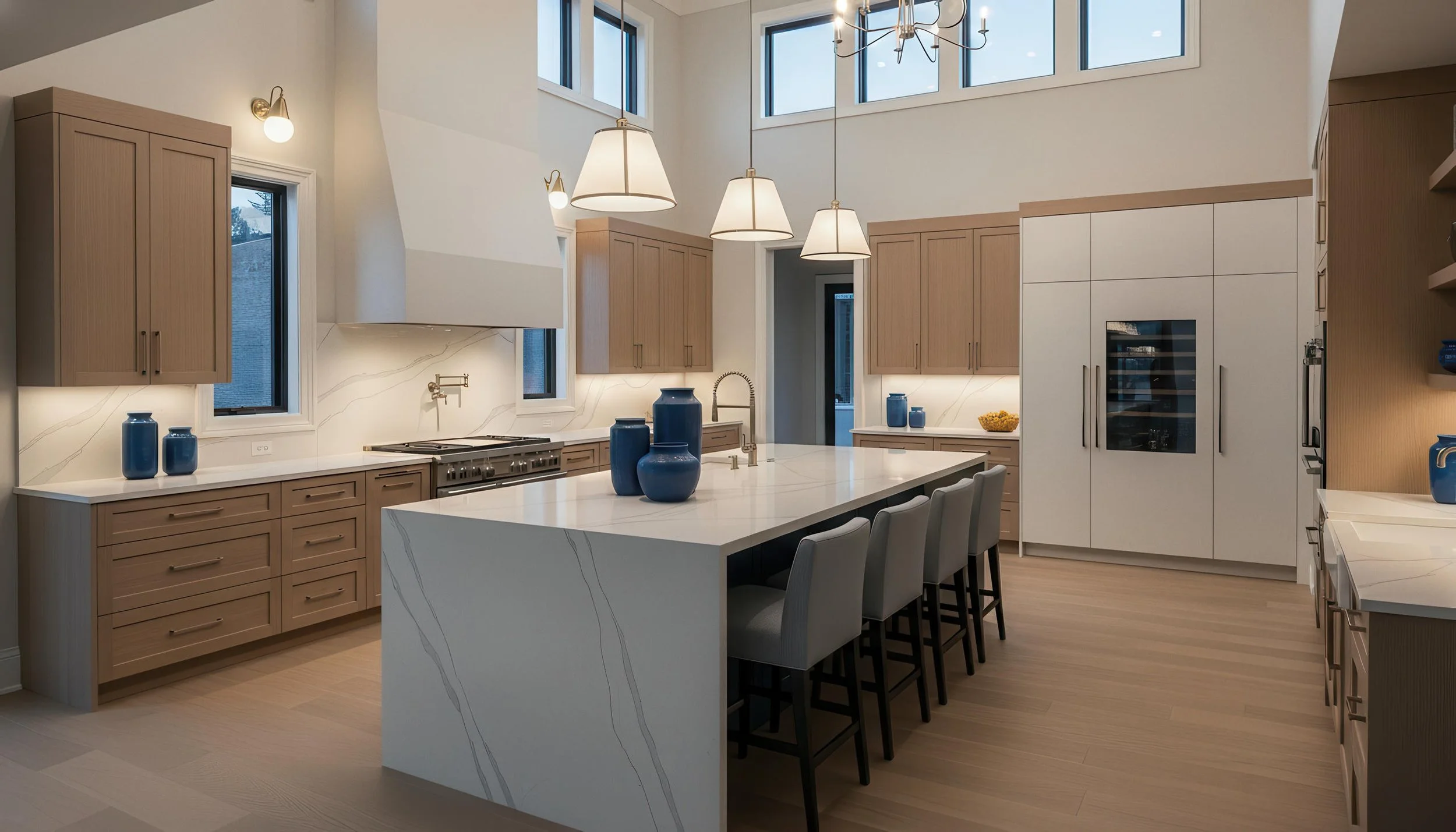 Large High Ceiling Kitchen With Engineered Wood Flooring & Porcelain Slab Kitchen island, Backsplash and Coutnertops.
