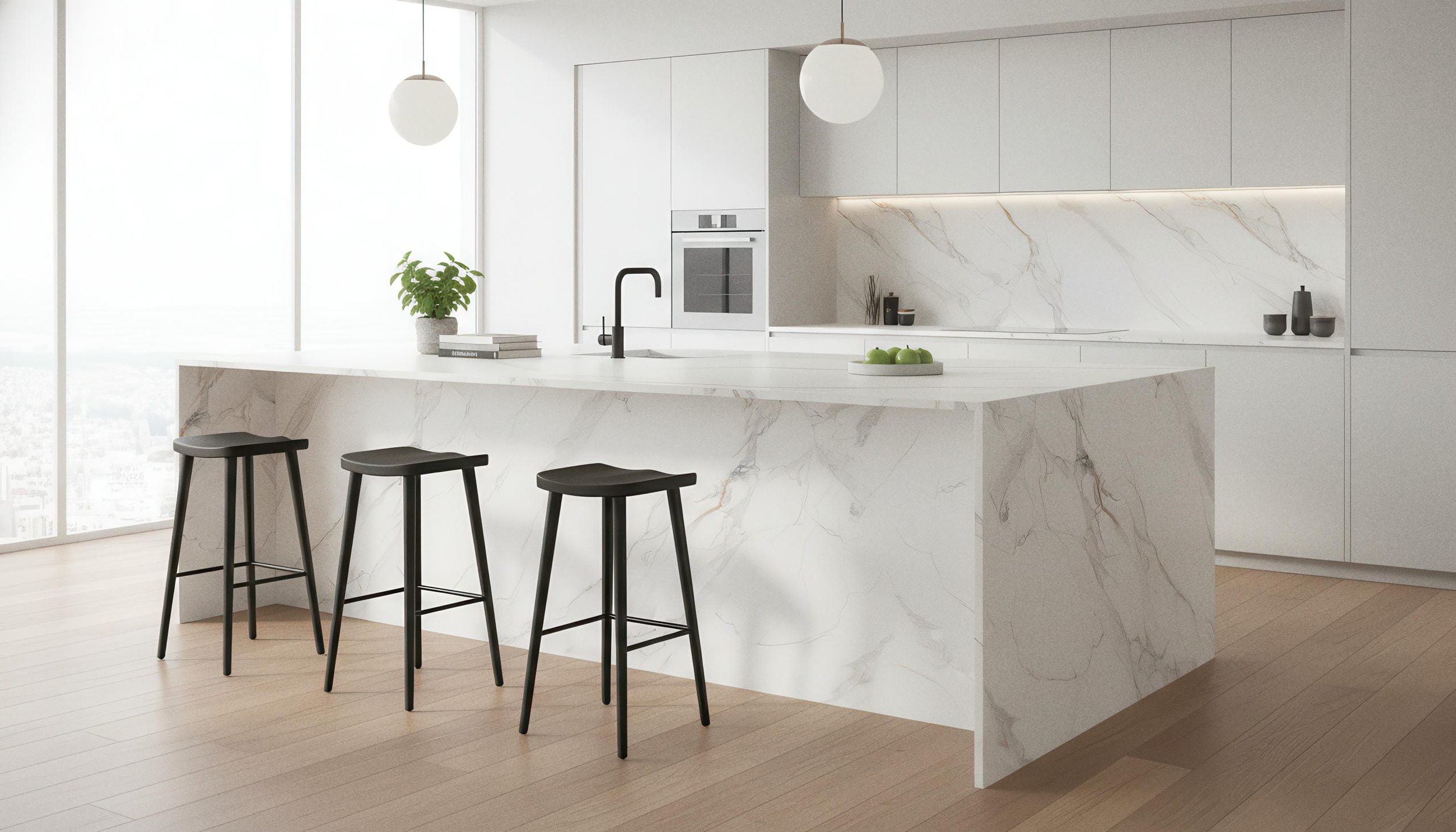Modern Kitchen With Prestige 4x10 Porcelain Slab Island | CIERO