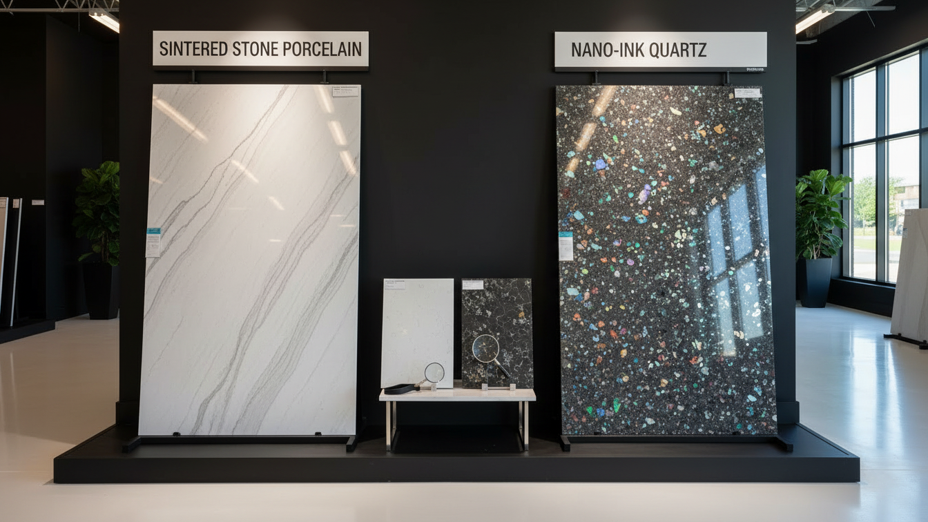 Sintered Stone Porcelain Slab Vs Nano Ink Quartz Comparison In A Showroom Environment