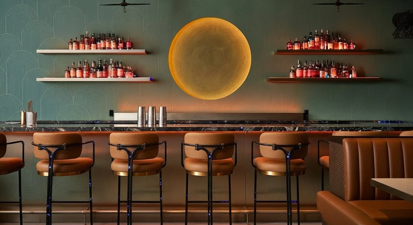 Modern Bar with Zen Crest Team 80cm x 260cm Porcelain Slab Back Drop | CIERO