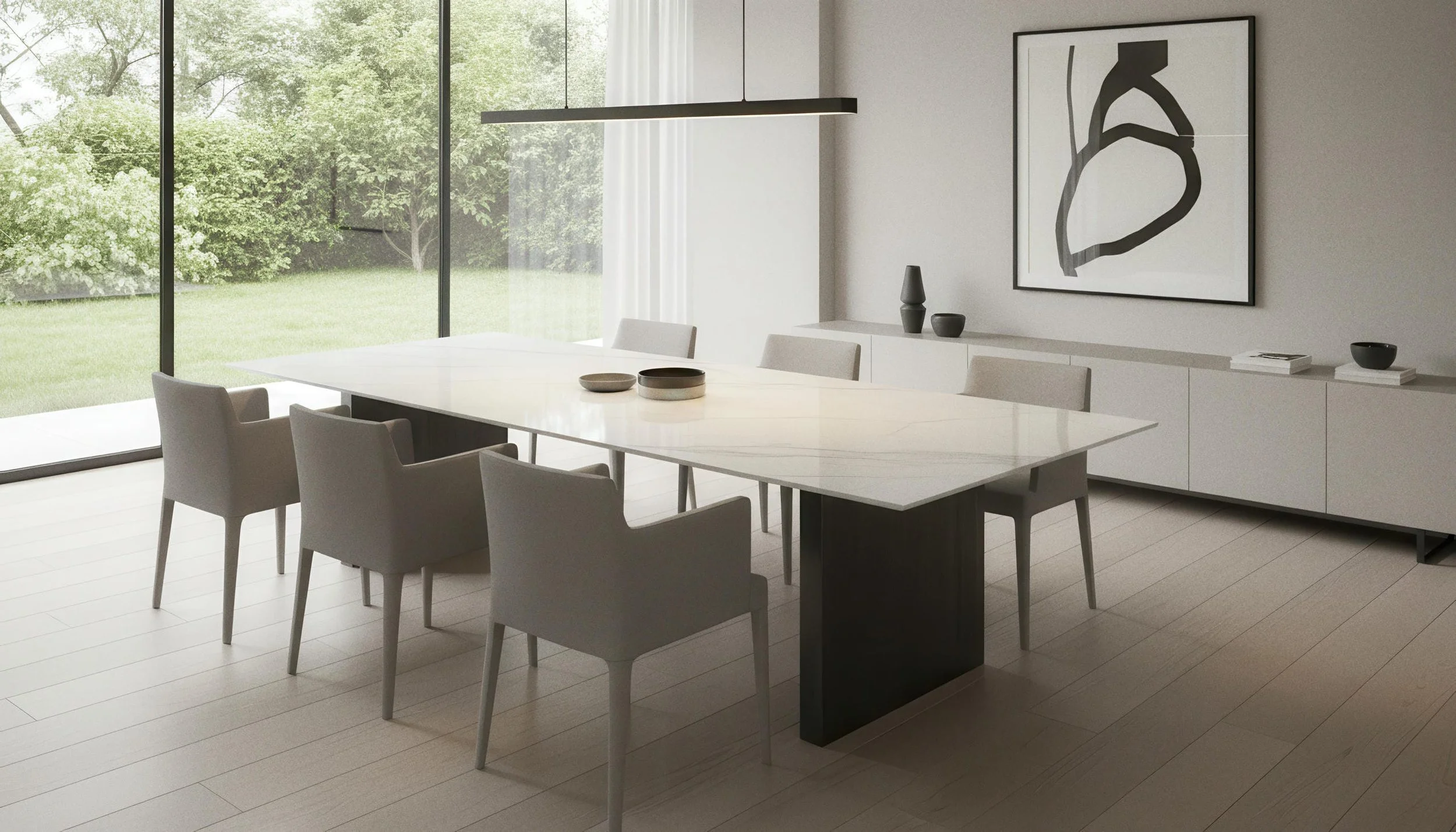 Modern Dining Table Made With Statuario Ash 4x10 Porcelain Slab | CIERO