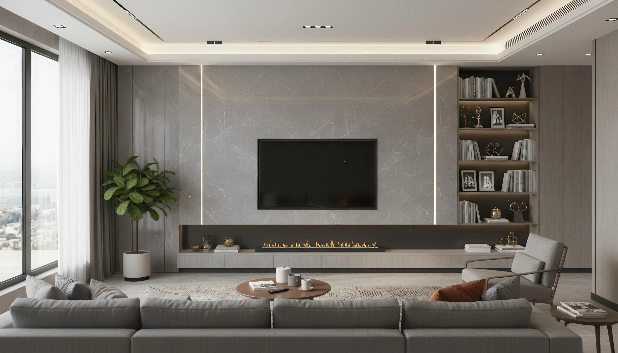 Modern Livingroom With Cloud Grey 4x9 Porcelain Slab Fireplace Accent Wall | CIERO