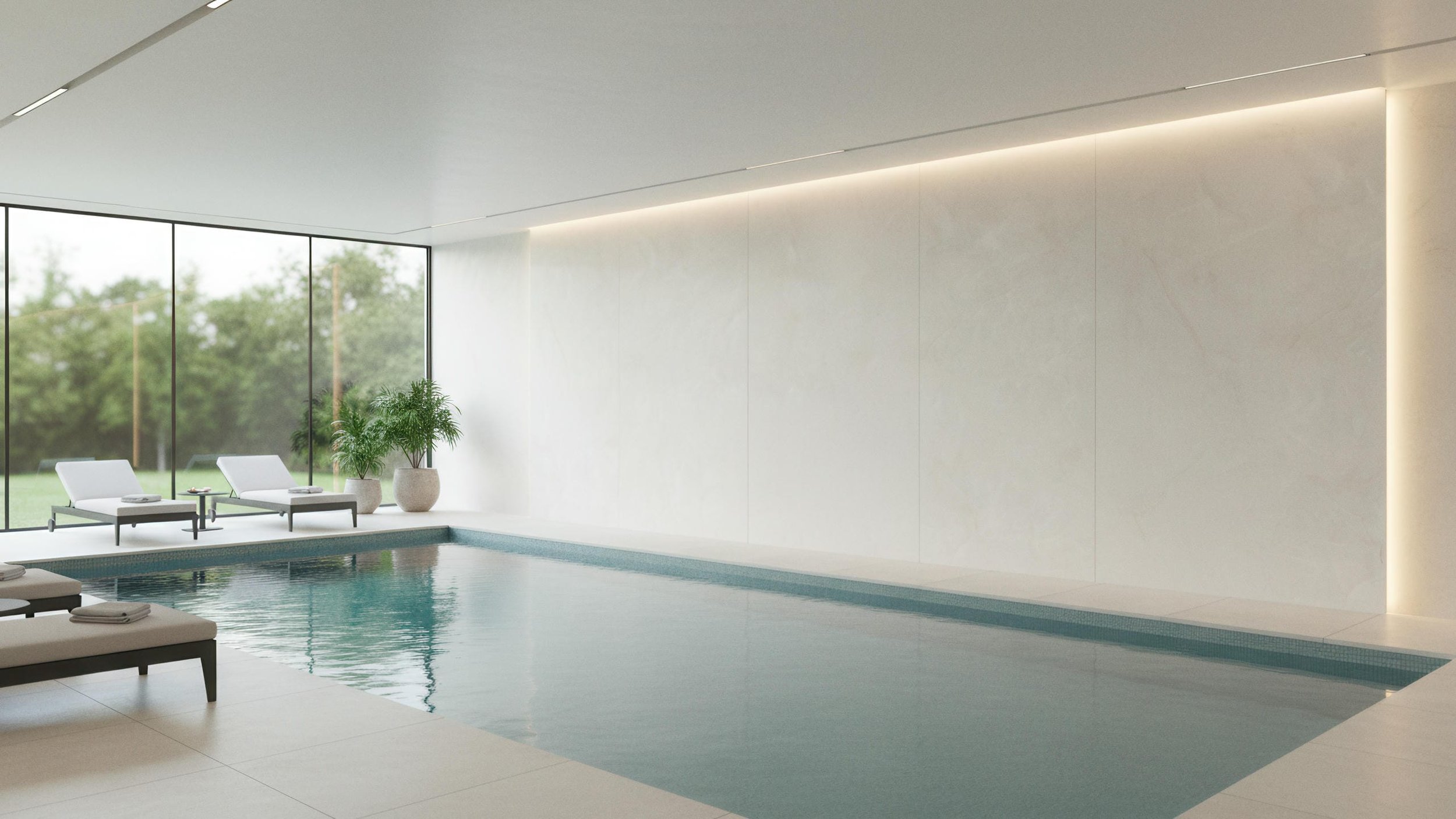 Modern Indoor Pool With Featurewall utilizing Glacier 5x10 Porcelain Slab from CIERO INC