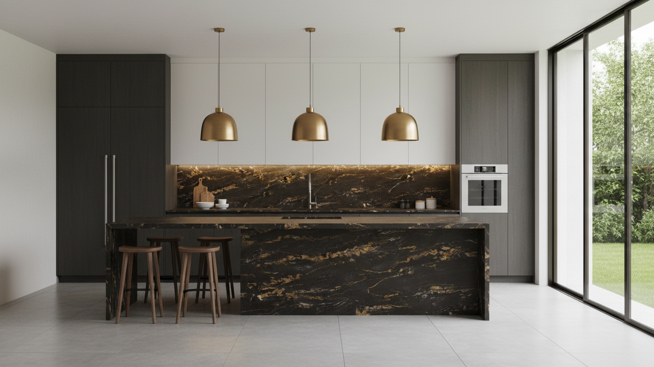 Modern Kitchen Utilizing Gold Damagato Porcelain Slab for Island & Countertop