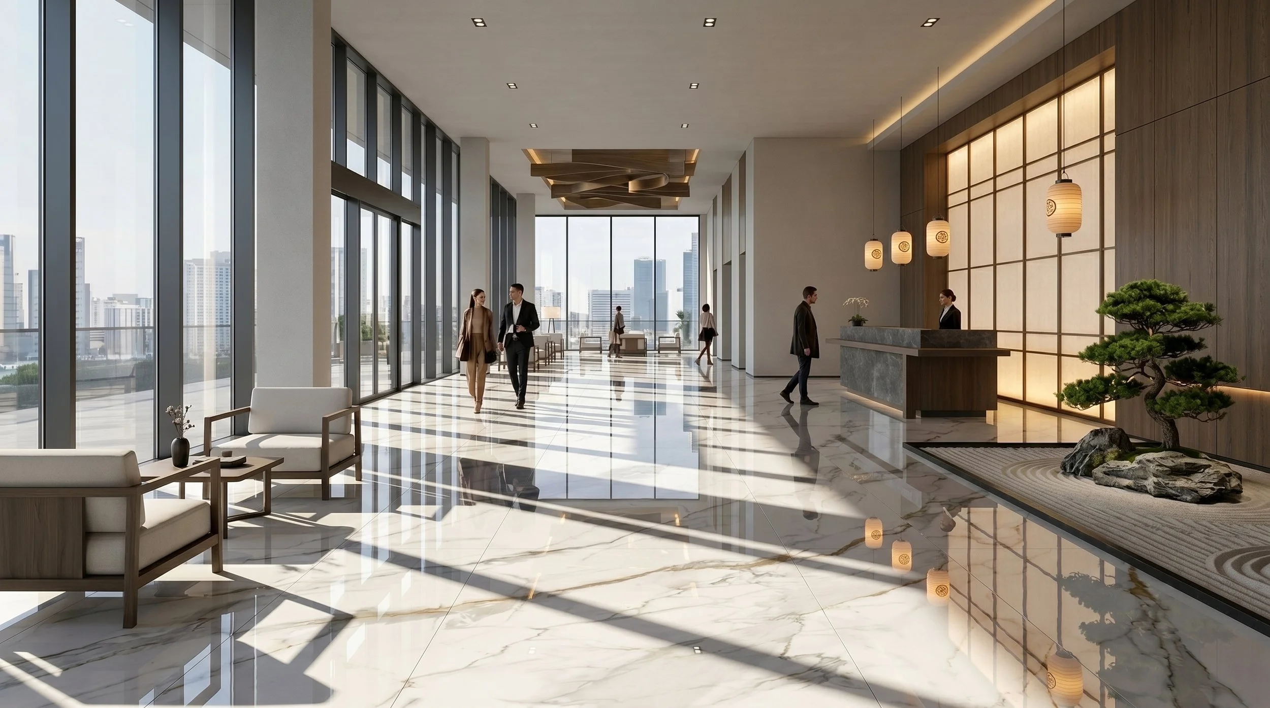 Modern Japanese Hotel Lobby With Calacatta Gold Porcelain Slab Flooring