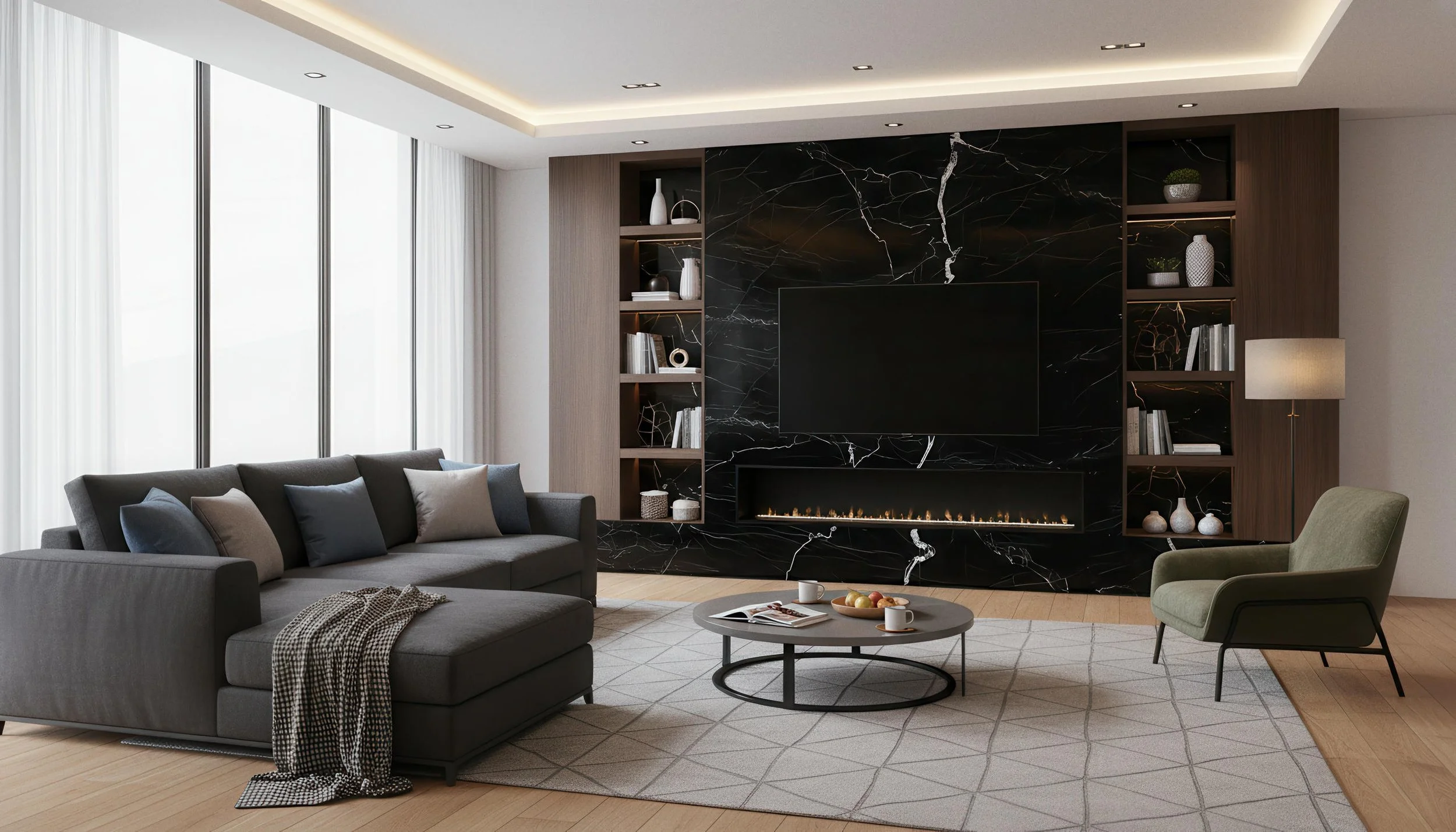 Modern Livingroom With Ararat Lightning Black 4x9 & 5x10 Porcelain Slab Fireplace Feature Wall | CIERO INC