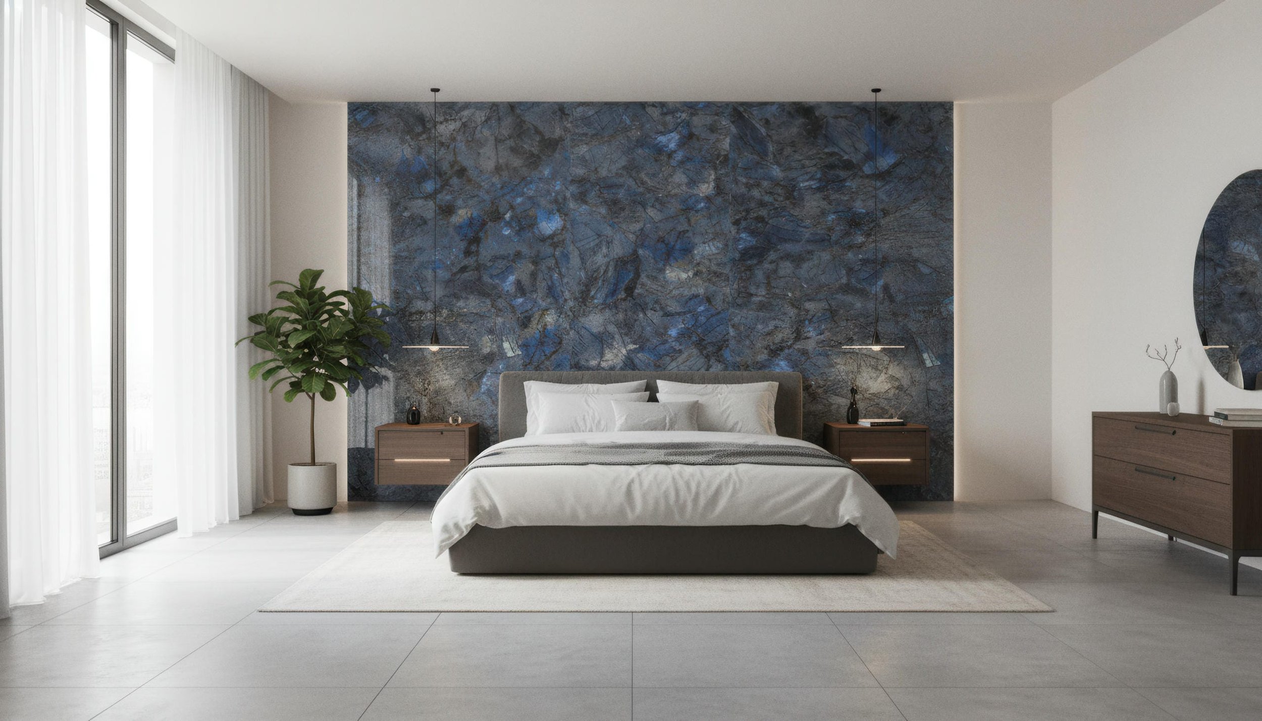 Modern Bedroom with Opal Storm 5x10 Porcelain Slab Featurewall | CIERO