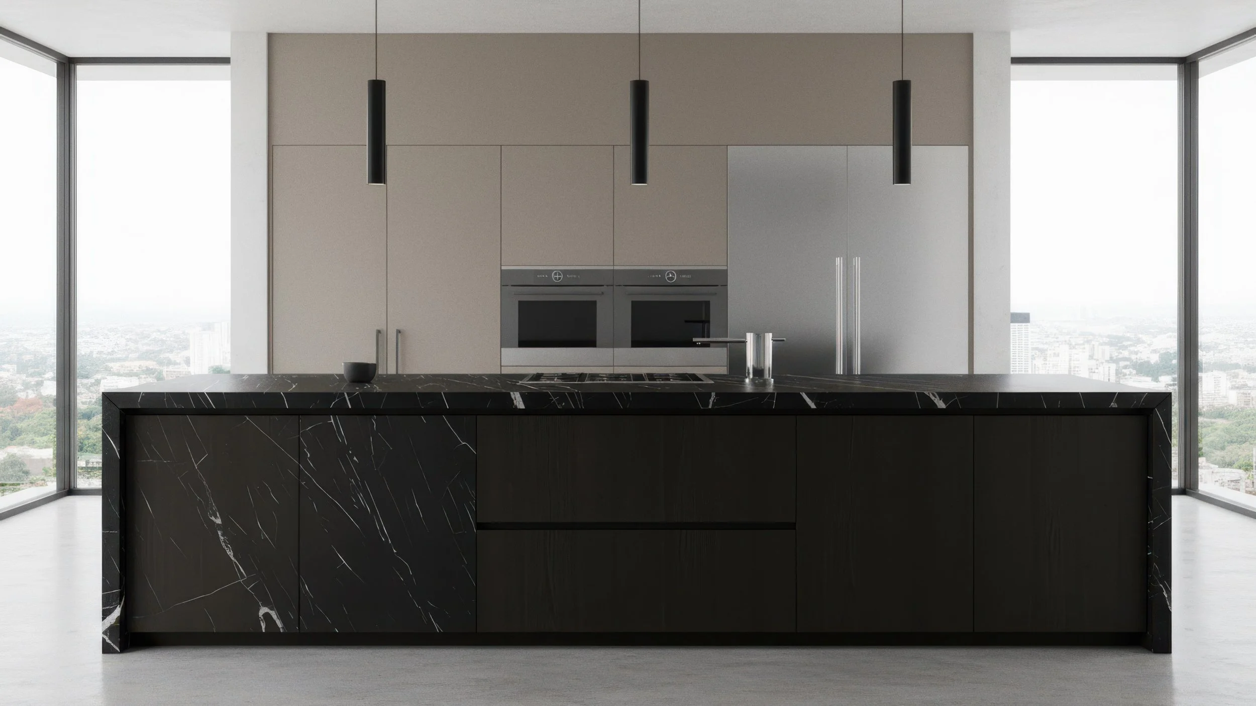Modern Condo Kitchen Island with Black color made from Laminam Nero Marquina Extra porcelain slab