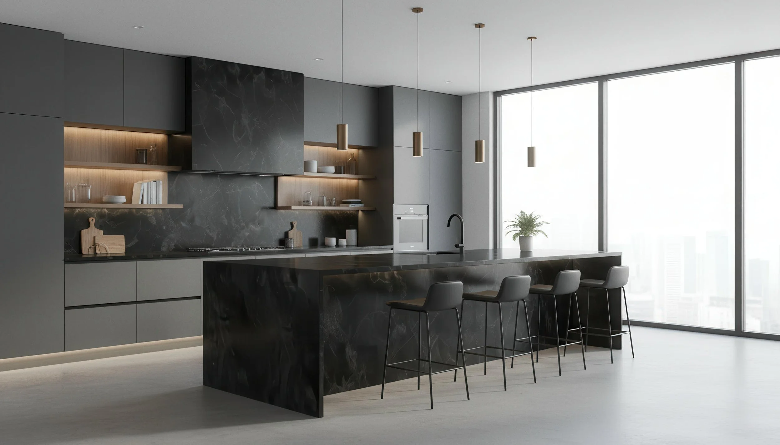 Modern Kitchen With Onyx Noir 4x10 Porcelain Slab Island | CIERO