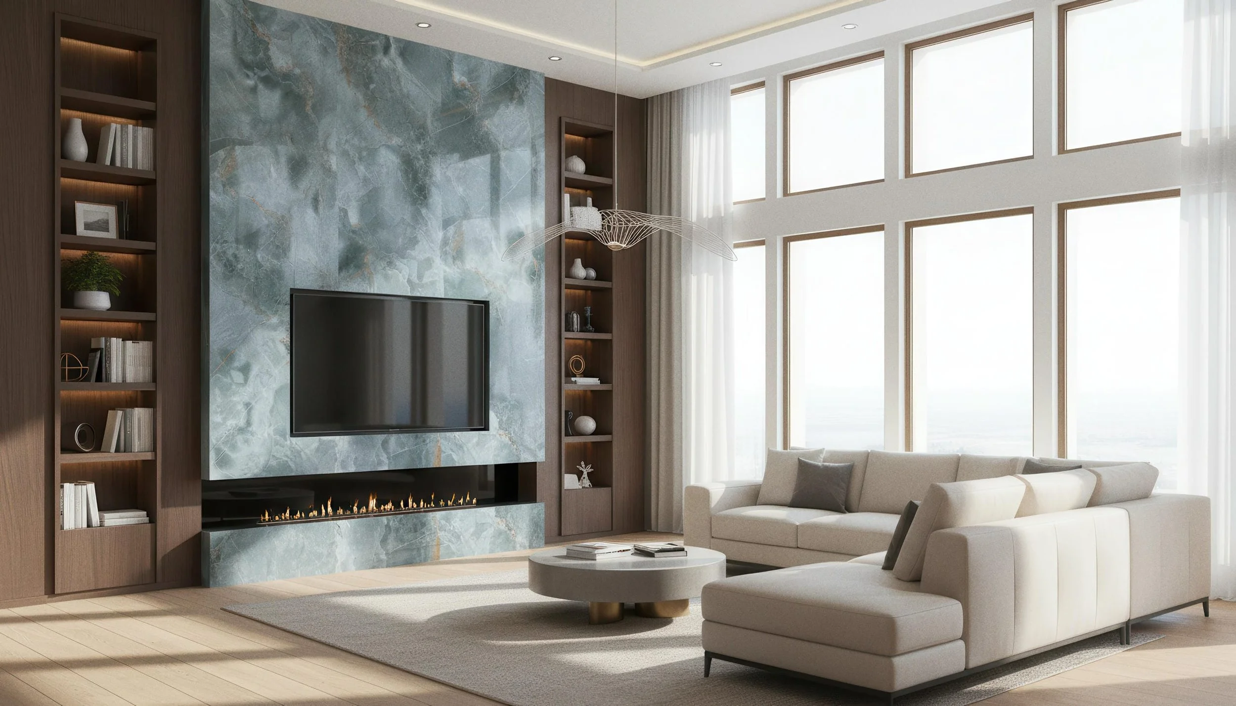 Modern Livingroom With Onyx Jade 4x10 Porcelain Slab Fireplace Featurewall | CIERO