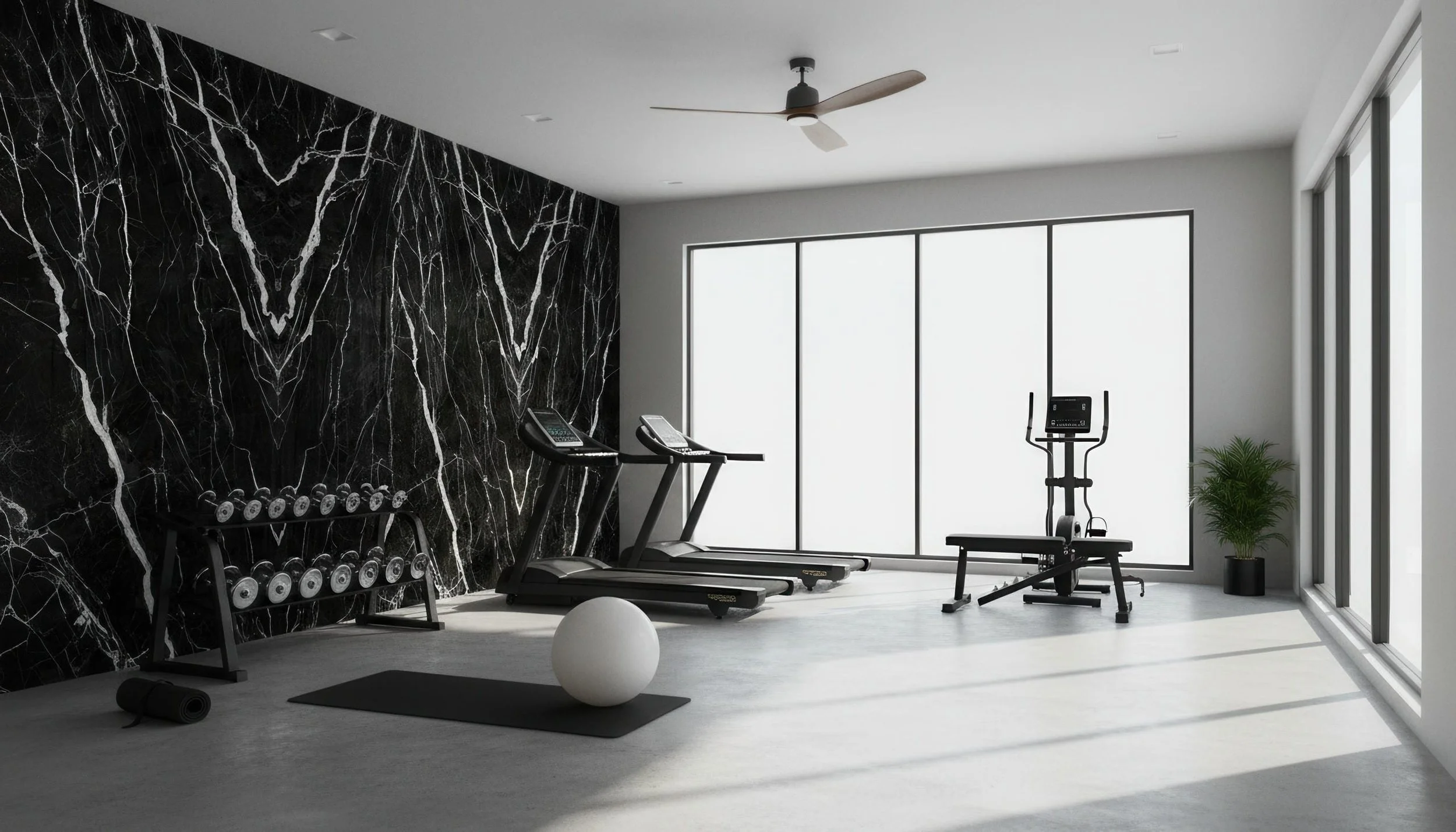Modern Indoor Gym with Starry Seine 5x10 Porcelain Slab Featurewall | CIERO