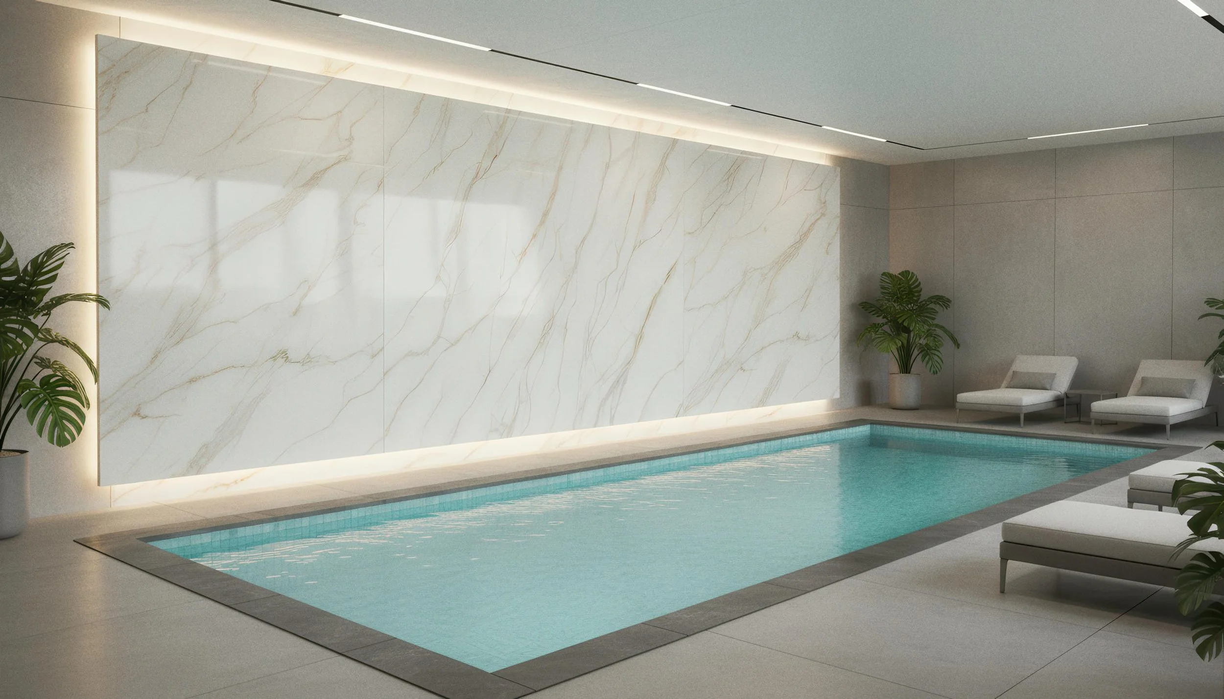 Modern Indoor Pool With Prestige 4x10 Porcelain Slab Feature Wall | CIERO