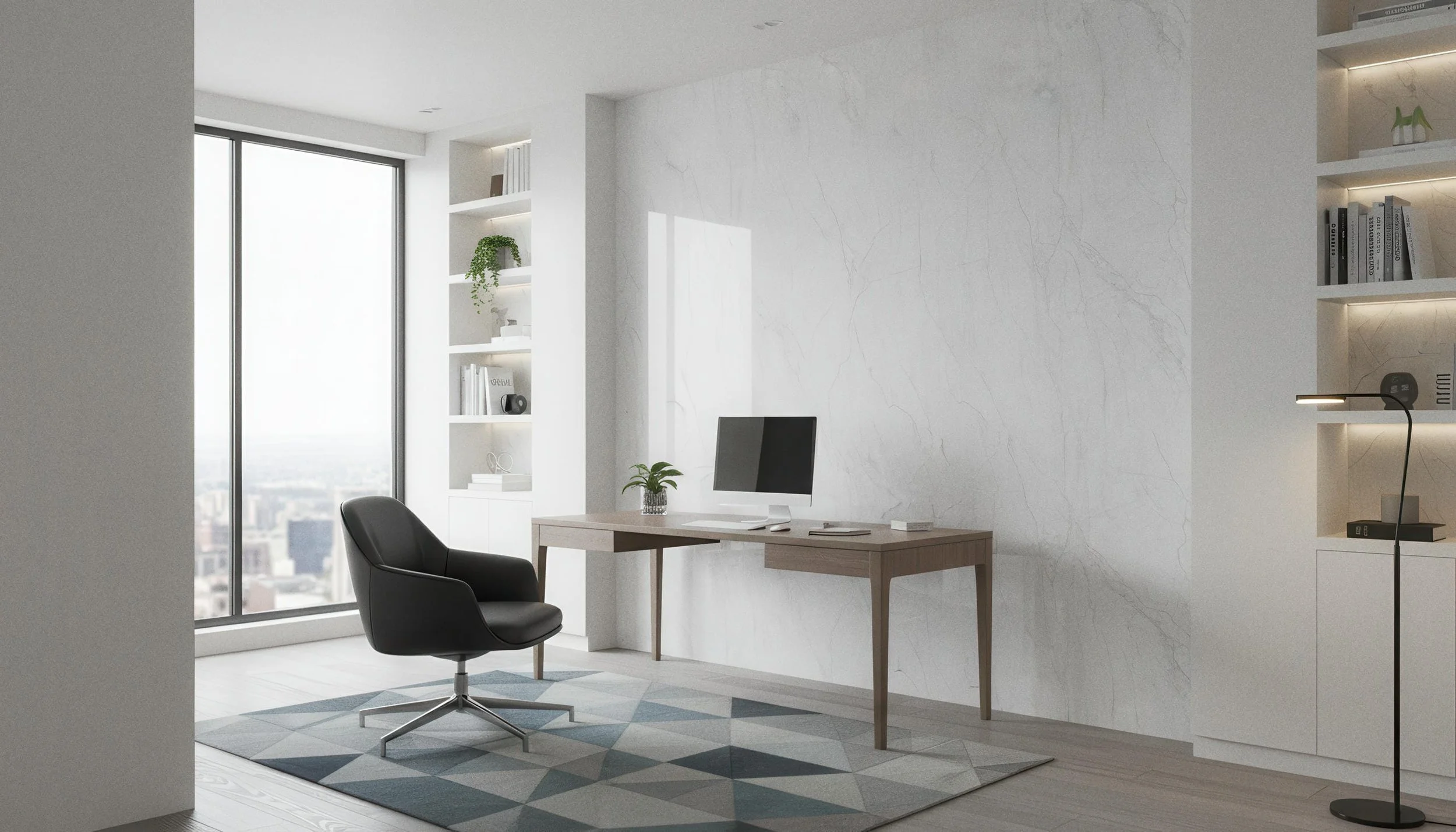 Modern Home Office With Statuario Ash 4x10 Porcelain Slab Feature Wall | CIERO