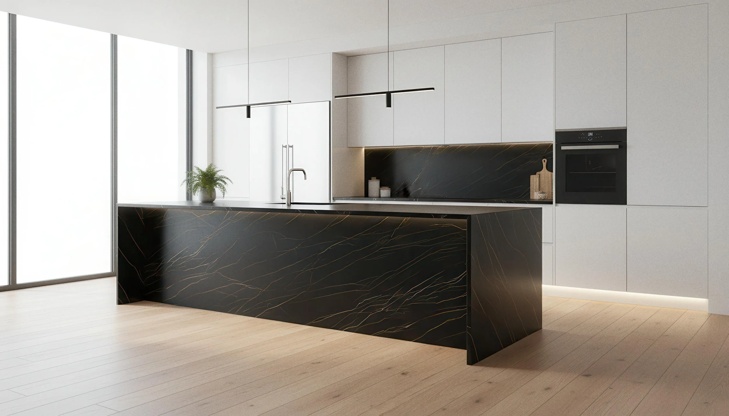 Modern Kitchen With Sahara Noir 5x10 Porcelain Slab Kitchen Island | CIERO