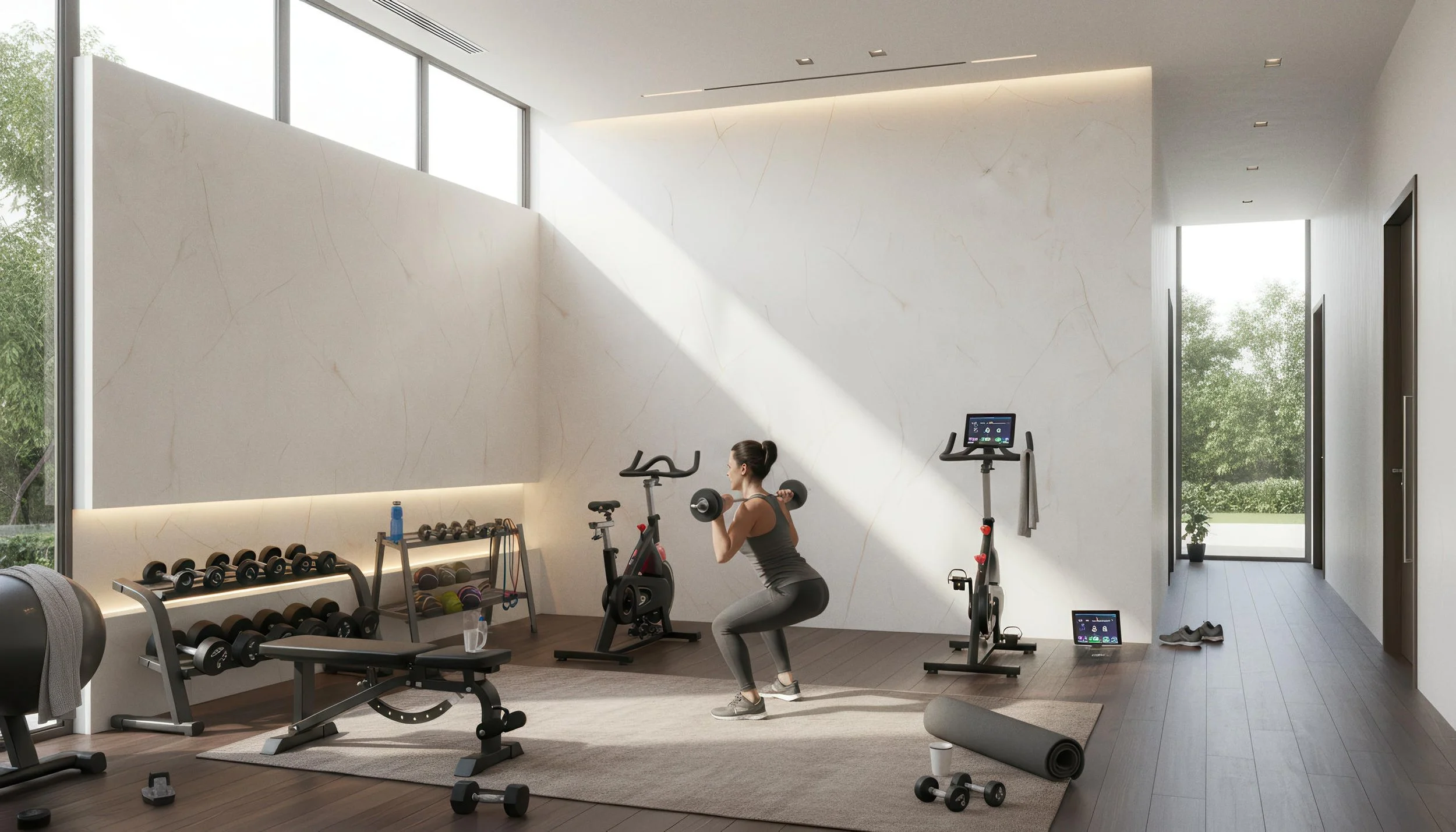 Modern Home Gym Setup With Onyx Light 4x10 Porcelain Slab Accent Wall | CIERO