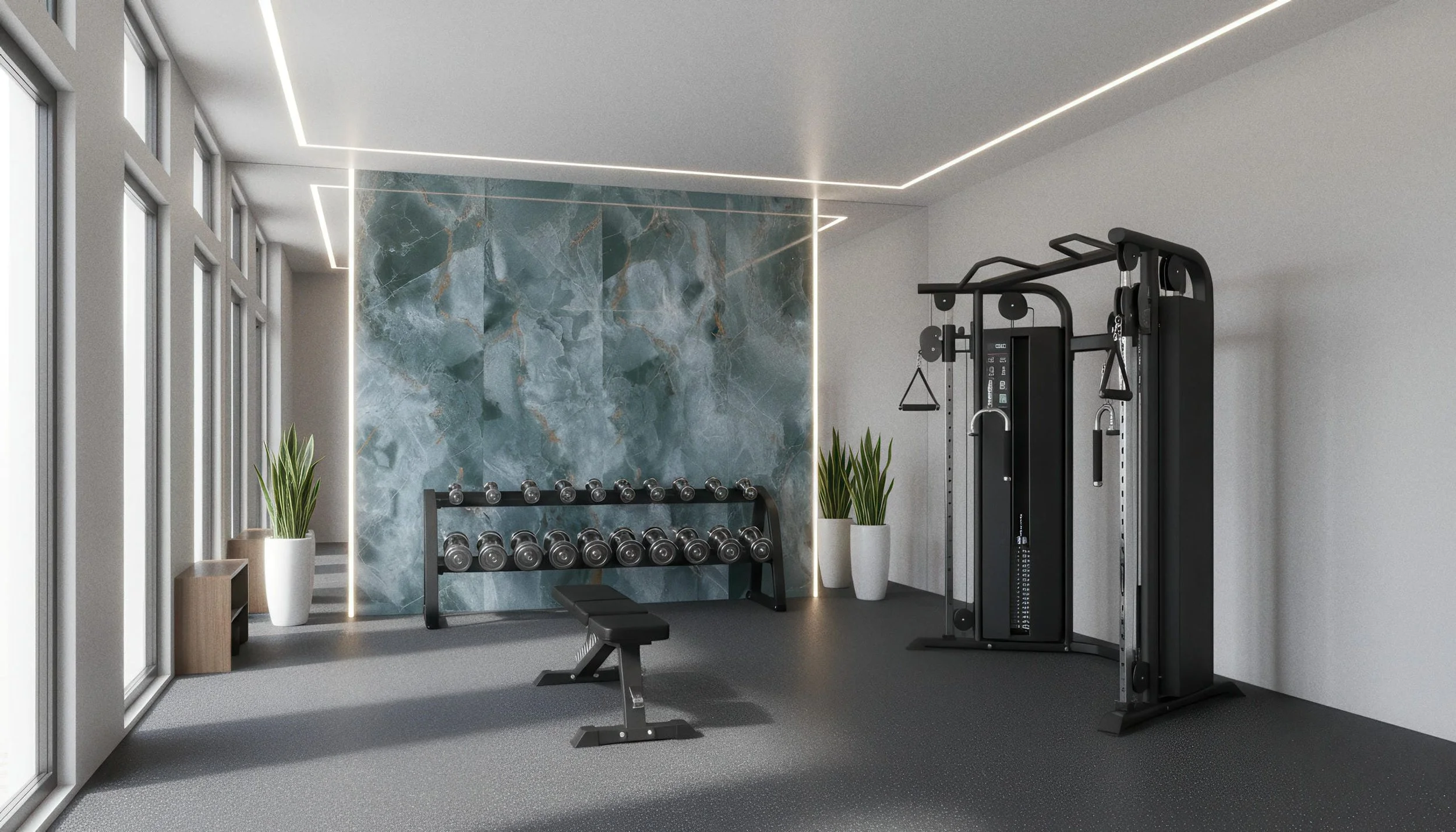 Modern Home Gym With Onyx Jade 4x10 Porcelain Slab Feature Wall | CIERO