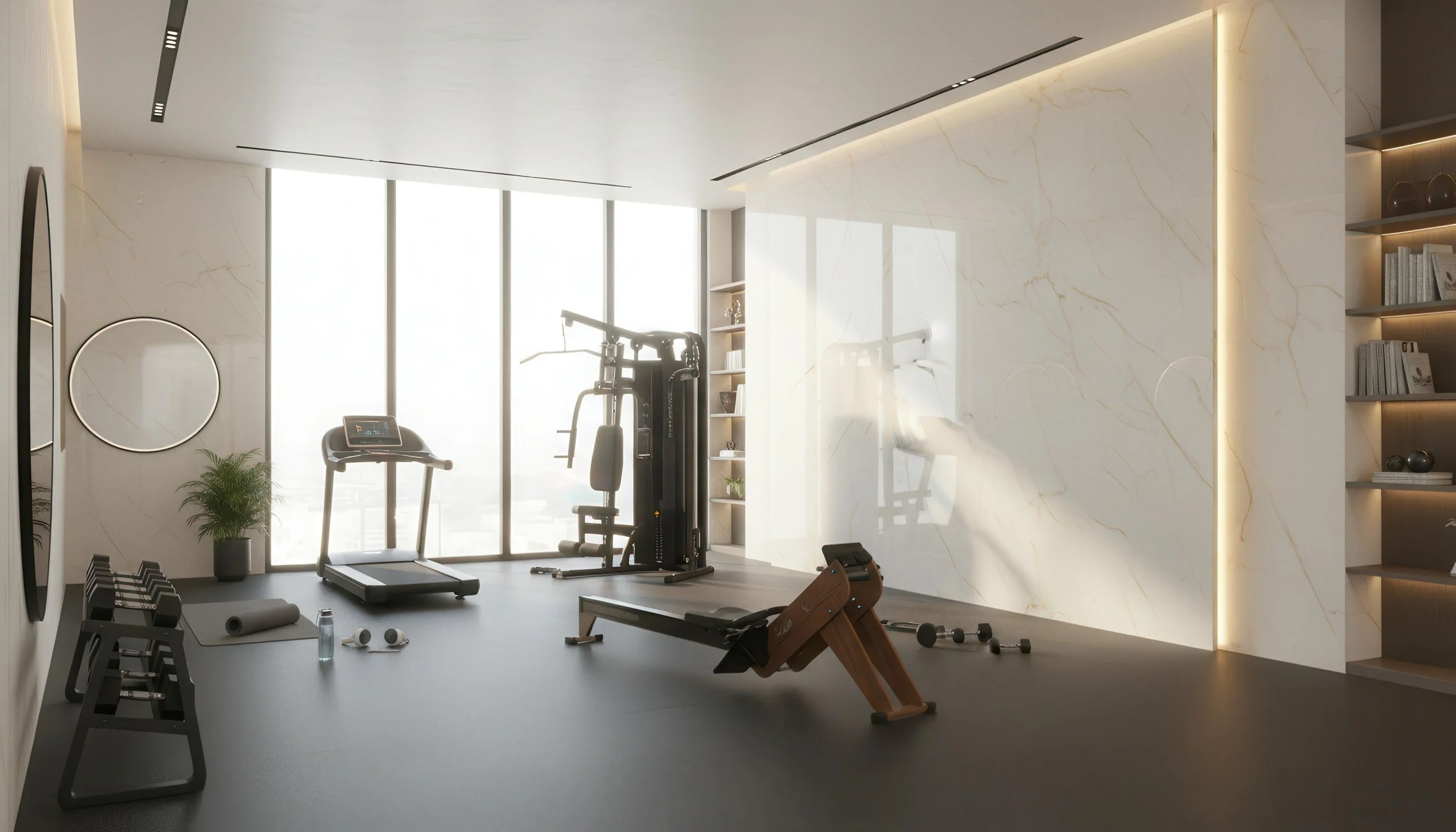 Modern Home Gym With Ice Crystal 4x8 Porcelain Slab Accent Wall | CIERO
