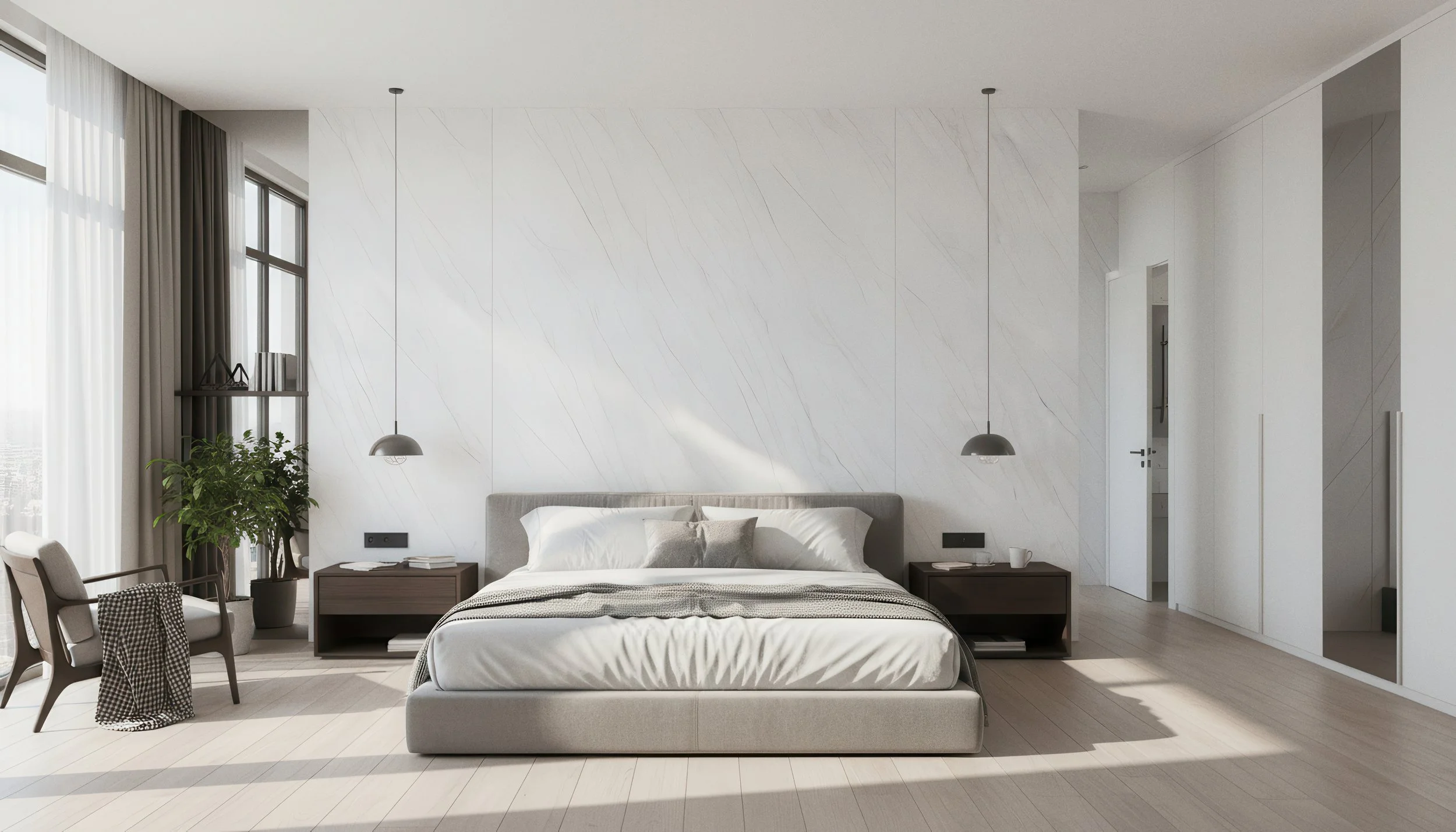 Modern Bedroom With Ashen Slate 4x9  Porcelain Slab Accent Wall | CIERO