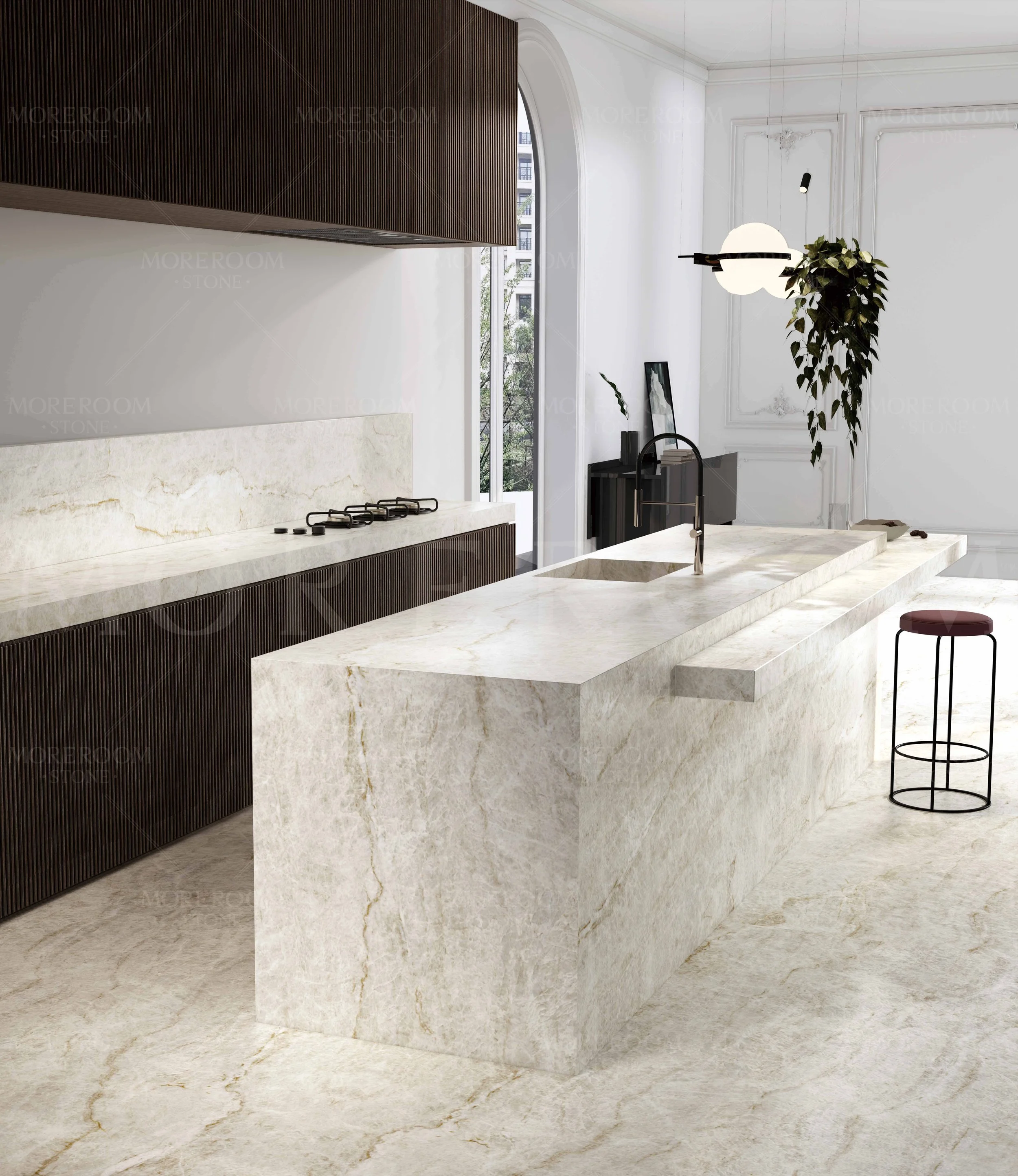 Modern Kitchen with Taj Mahal 5x10 Porcelain Slab kitchen Island | CIERO