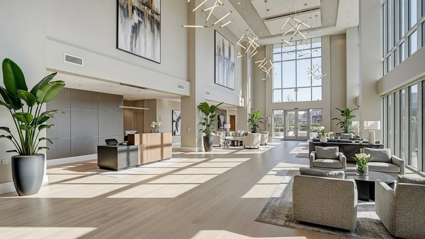 Large Condo Lobby With Engineered Wood Flooring