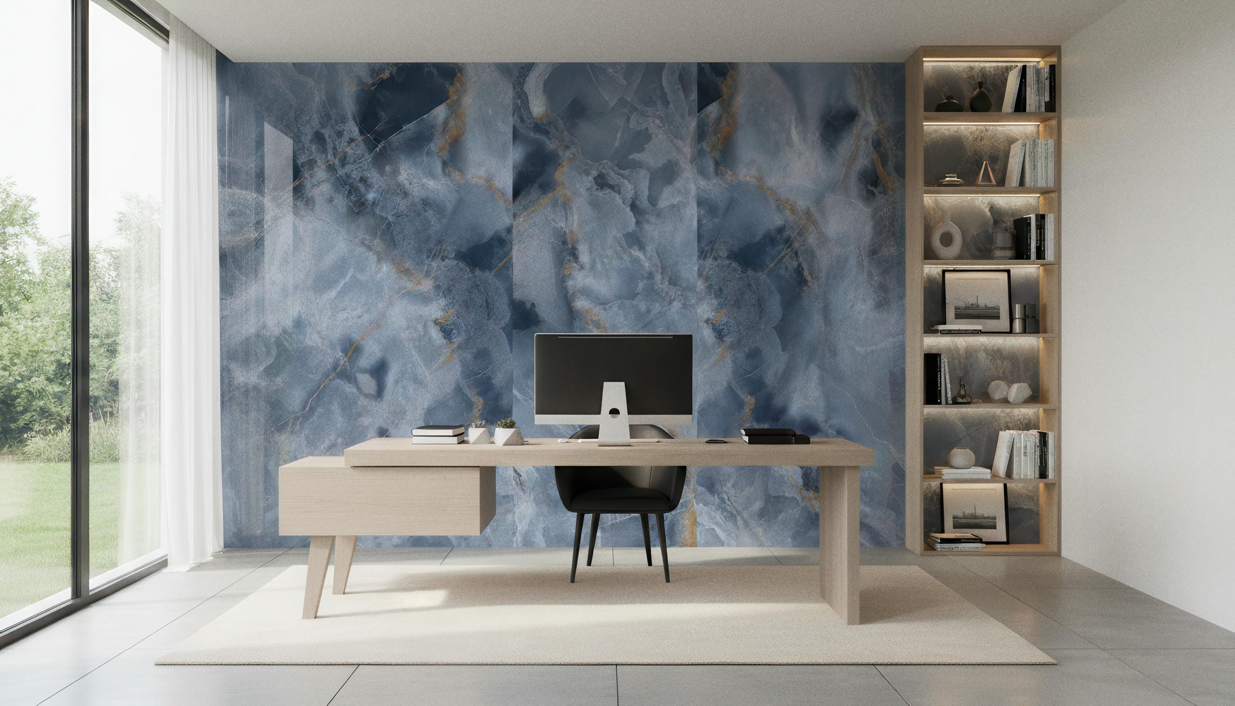 Modern Home Office With Onyx Neptune 4x10 Porcelain Slab Feature Wall | CIERO