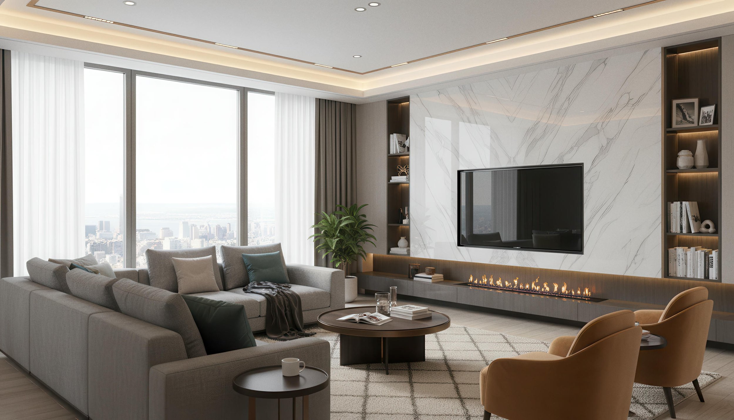 Modern Livingroom With Alaska White 4x9 Porcelain Slab Fireplace Media wall | CIERO