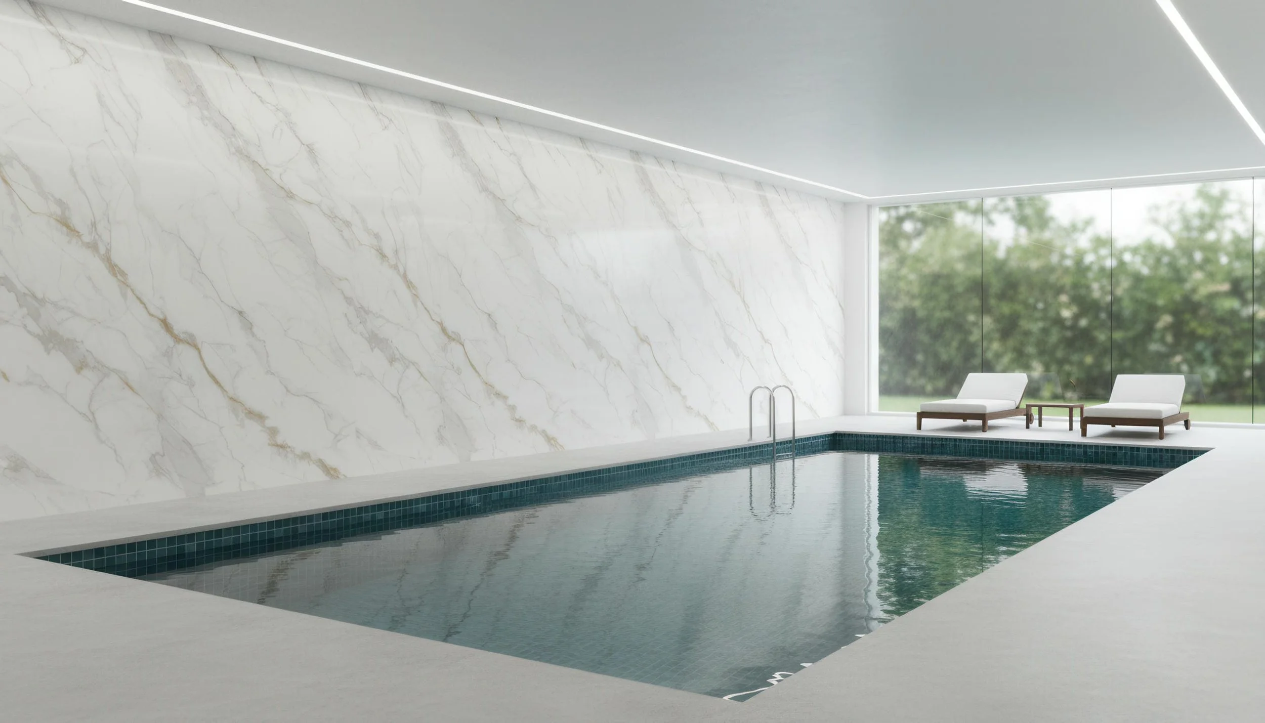 Modern indoor Swimming Pool with Calacatta Gold 5x10 Porcelain Slab Feature Wall| CIERO