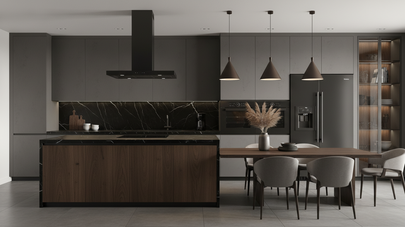 Luxurious and Modern Kitchen Scene with Nero Marquina Porcelain Slab