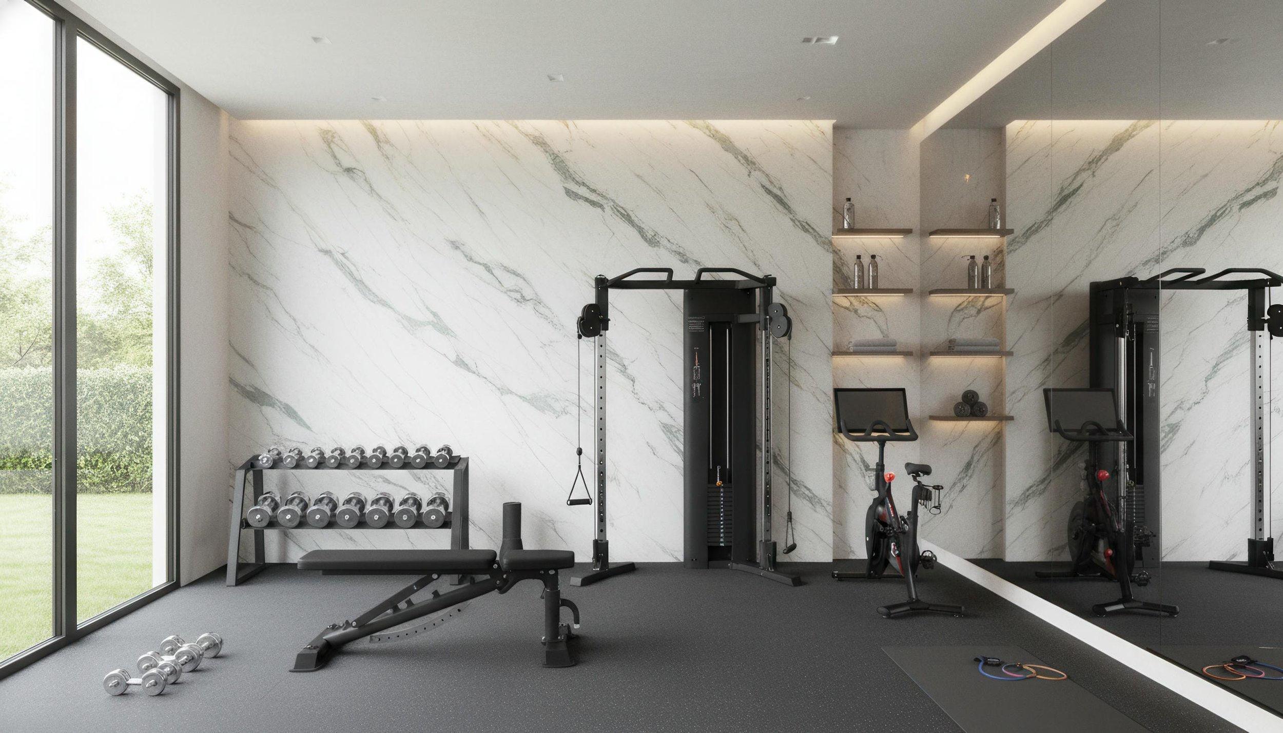 Modern Home Gym With Calacatta Verde 5x10 Porcelain Slab  Feature wall| CIERO
