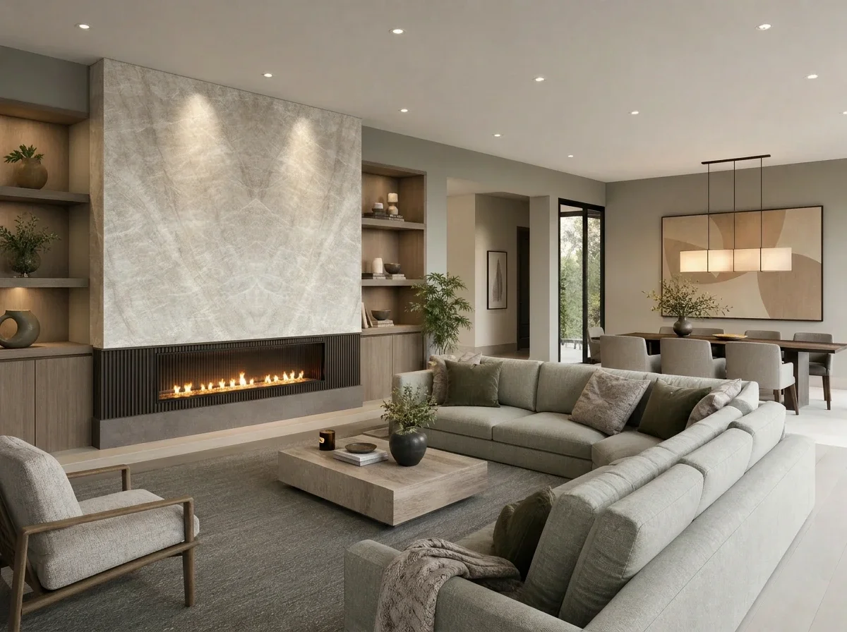 Modern Livingroom With Tajmahal Bookmatch Fireplace | CIERO