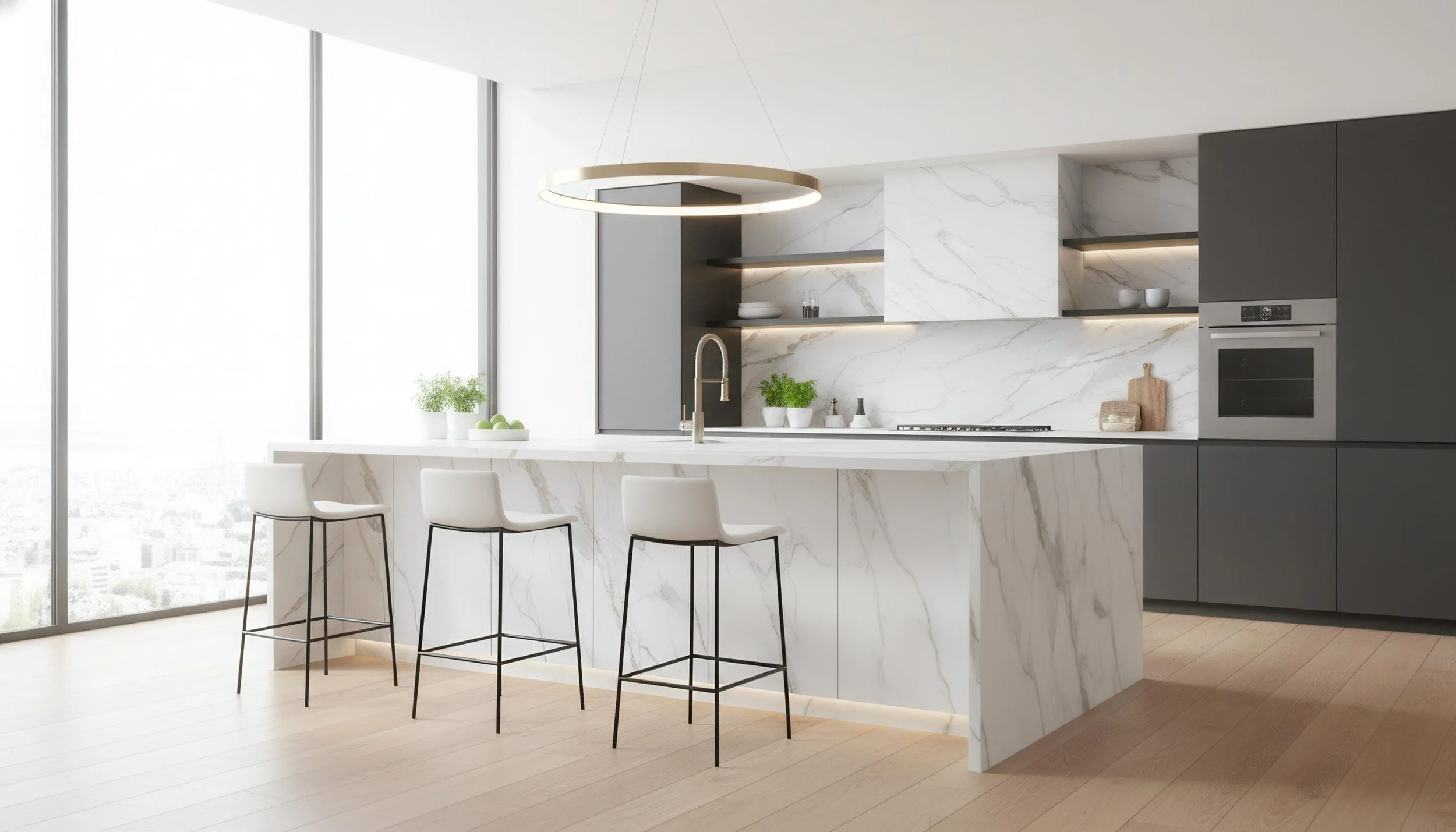 Modern Kitchen with Calacatta Gold 5x10 Porcelain Slab Island| CIERO
