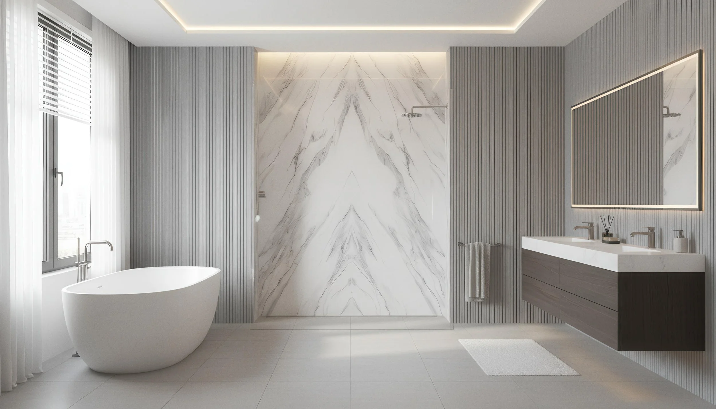 Modern Bathroom With Alaska White 4x9 Porcelain Slab Shower Wall | CIERO