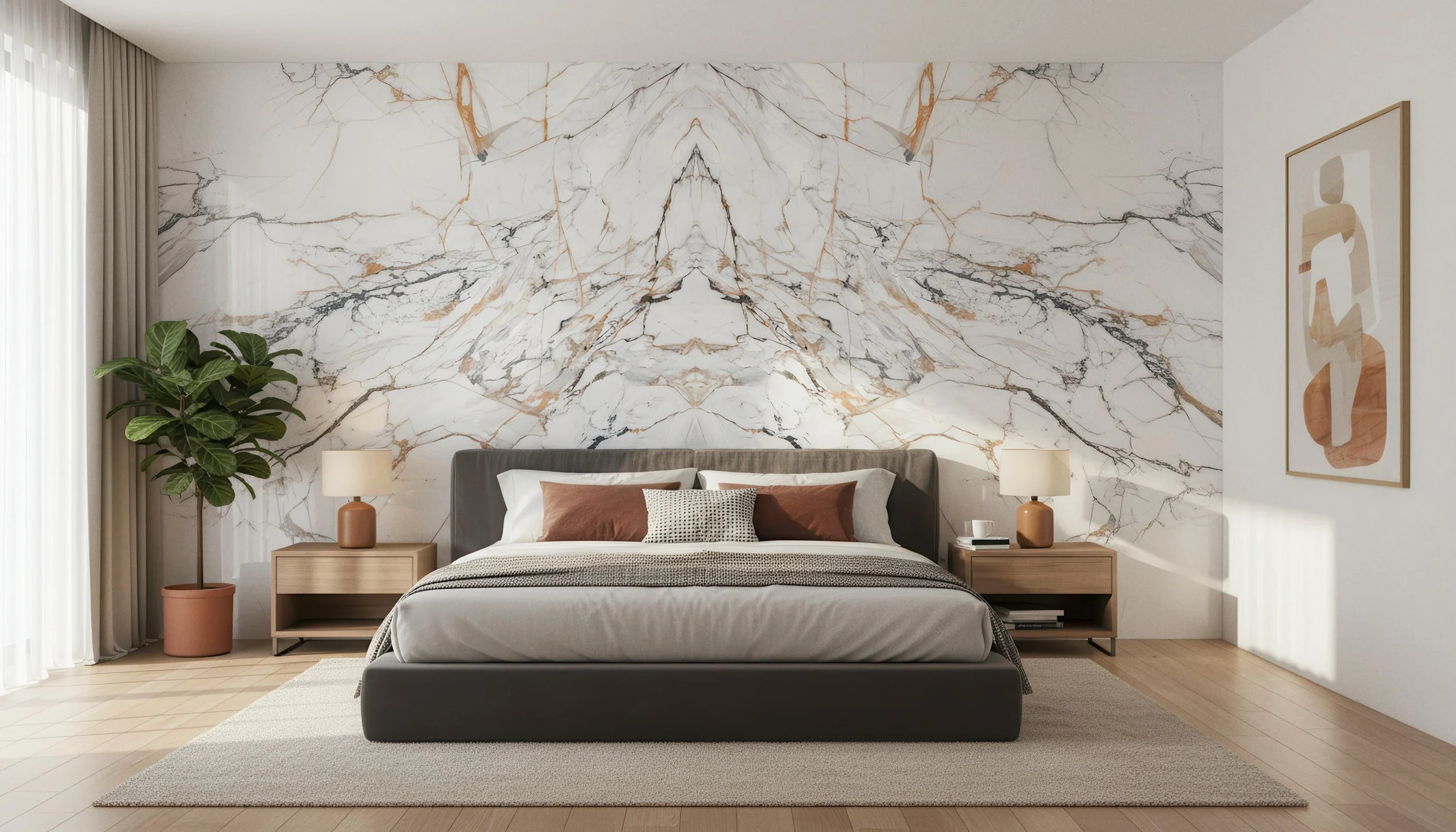 Modern Bedroom With Gilt Year 4x9 Porcelain Slab Accent Wall | CIERO INC