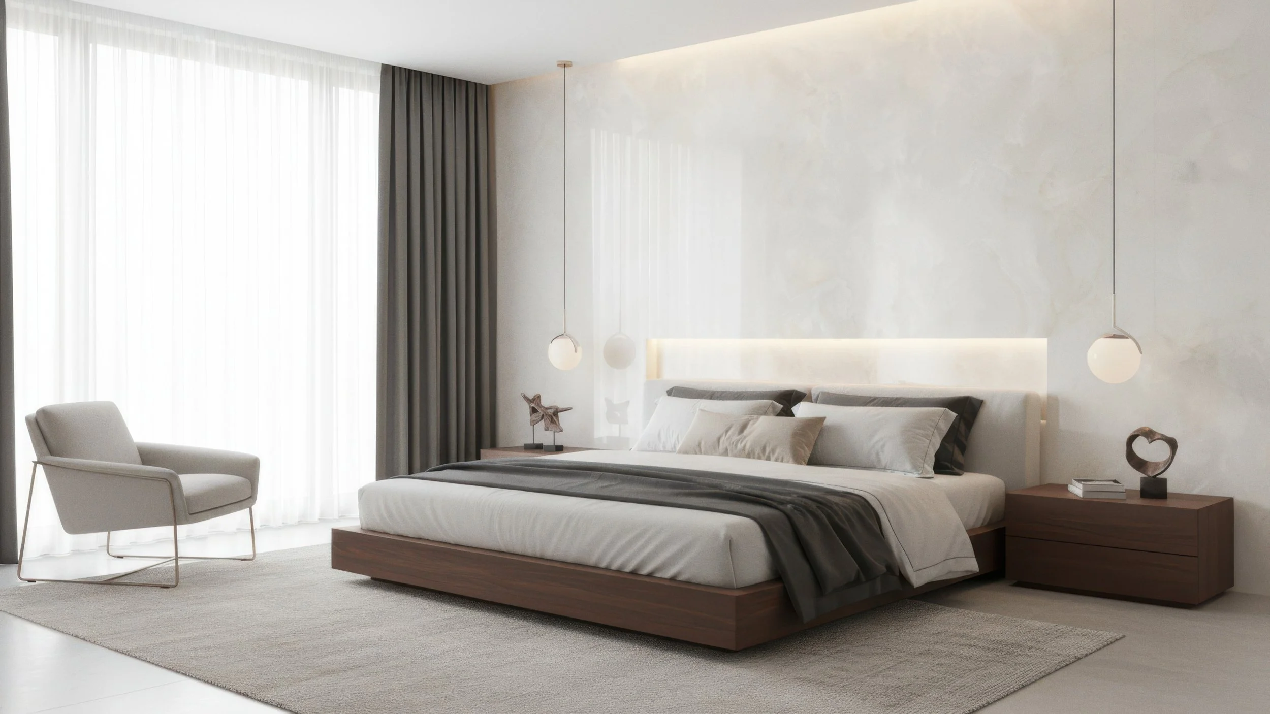 Modern Bedroom with polished white onyx porcelain slab featurewall using CIERO's White Onyx Porcelain Slab Design