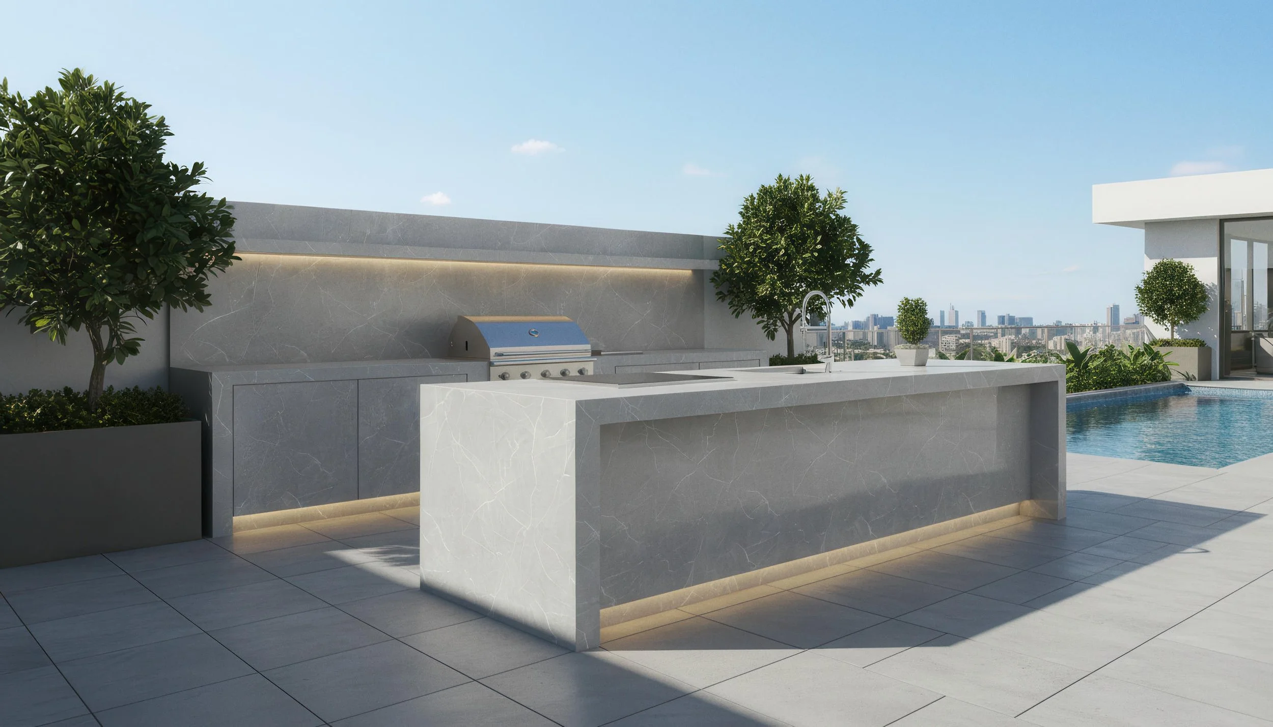Rooftop Kitchen With Cloud Grey 4x9 Porcelain Slab Island & Countertop | CIERO