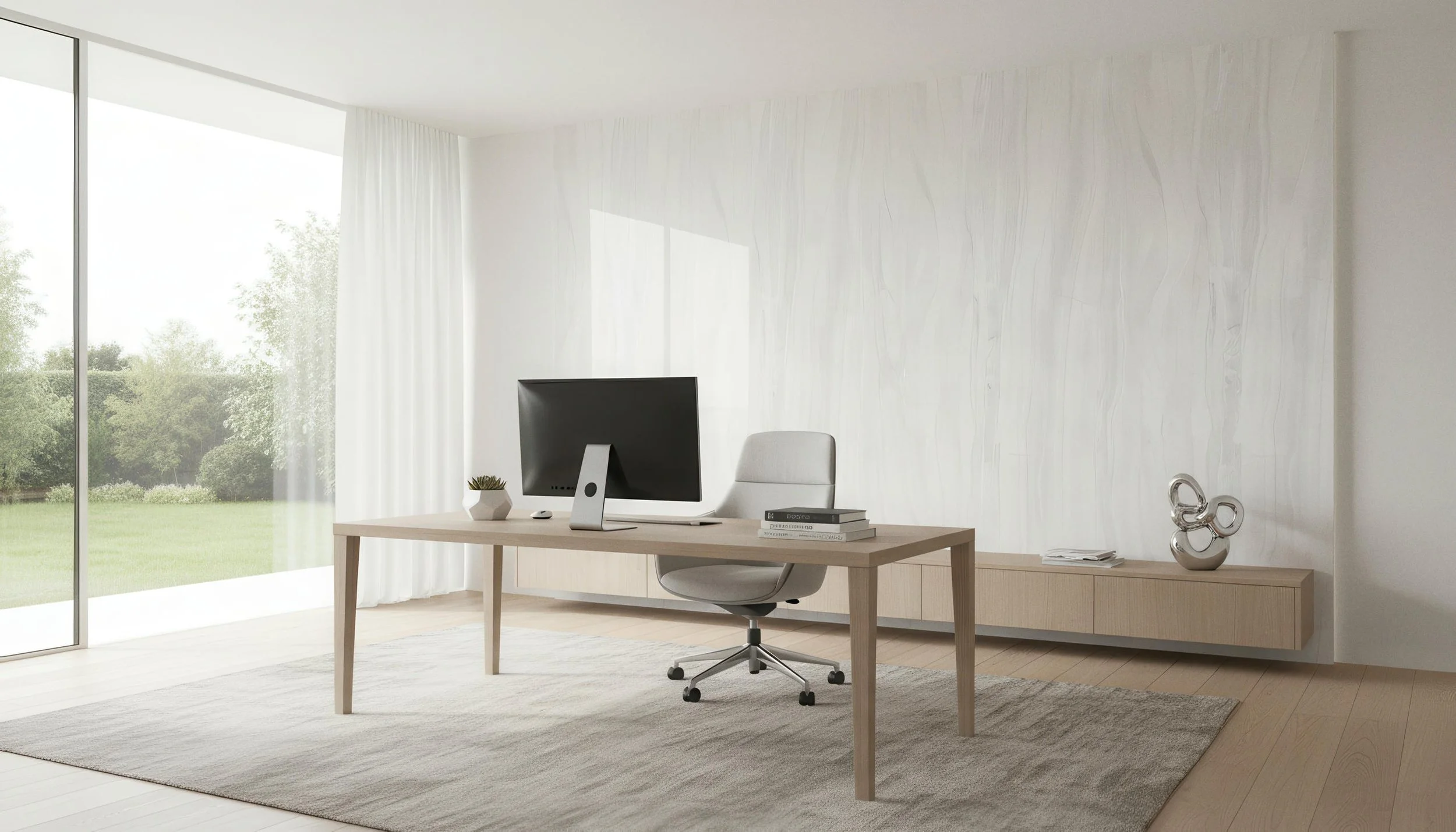 Modern Home Office With Polaris White 4x9 Porcelain Slab Accent Wall | CIERO INC