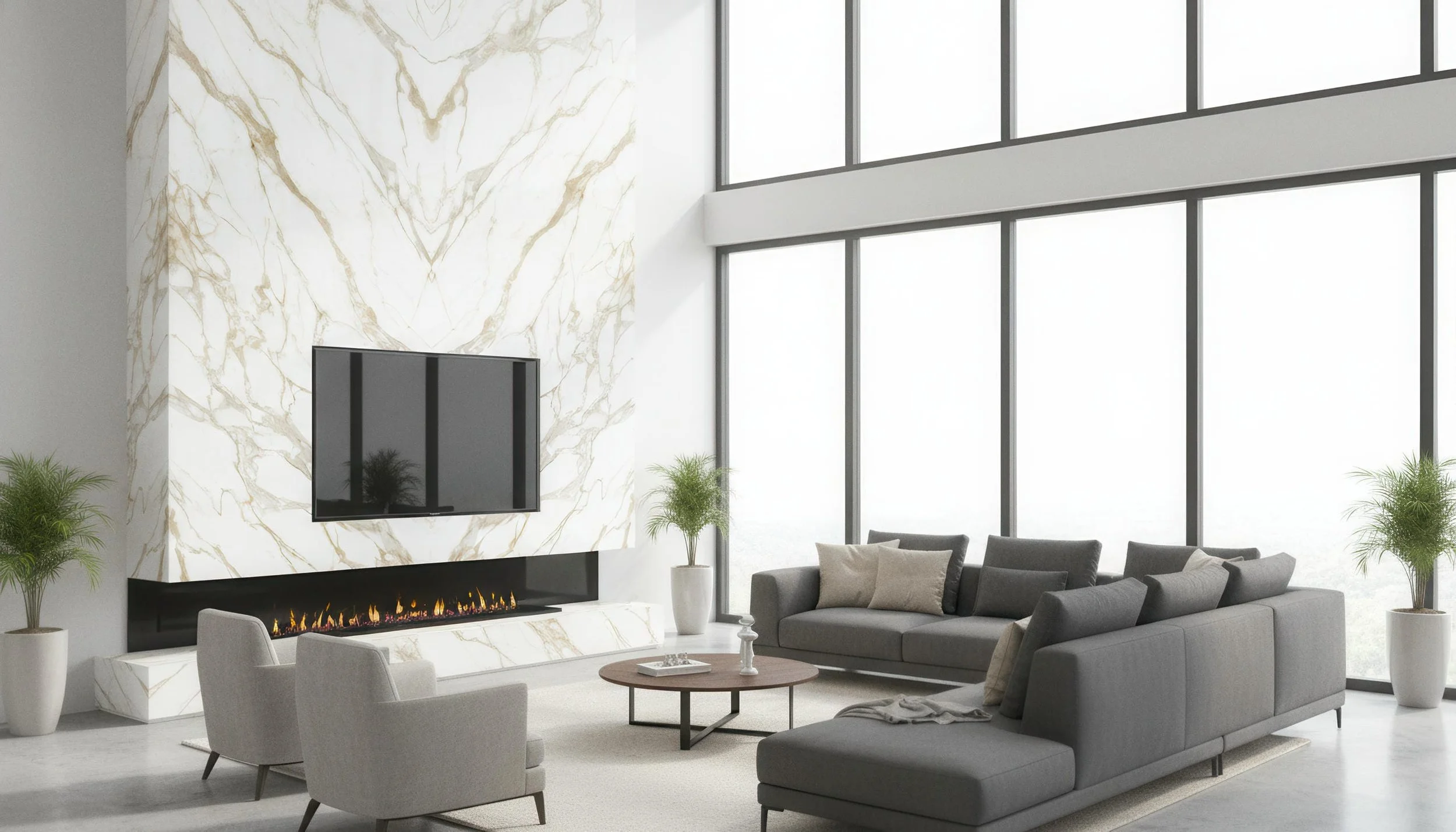 Modern livingroom with Givenchy Gold 5x10 Porcelain Slab Fireplace Feature wall