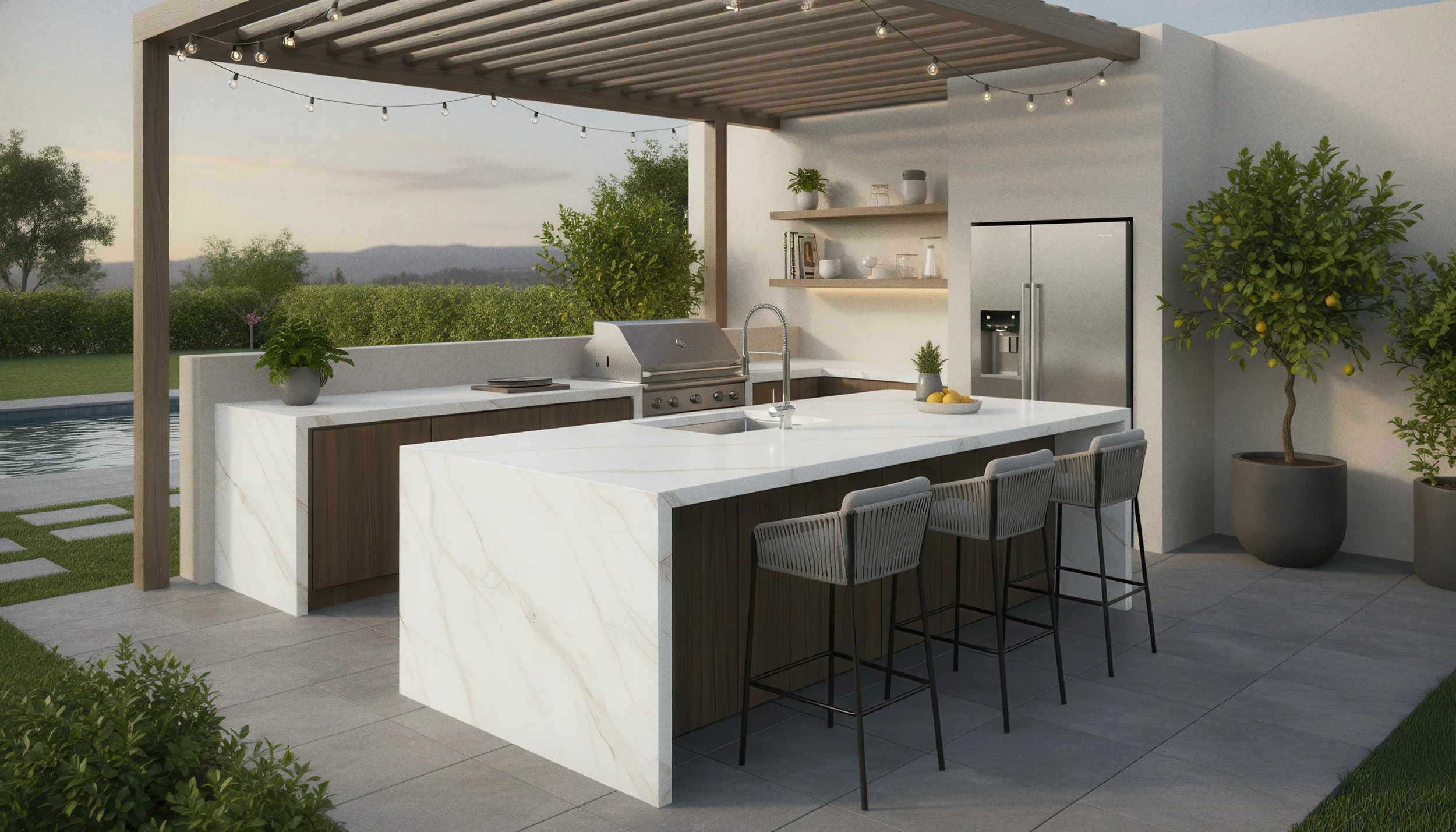 Modern Outdoor Kitchen With Prestige 4x10 Porcelain Slab Island | CIERO