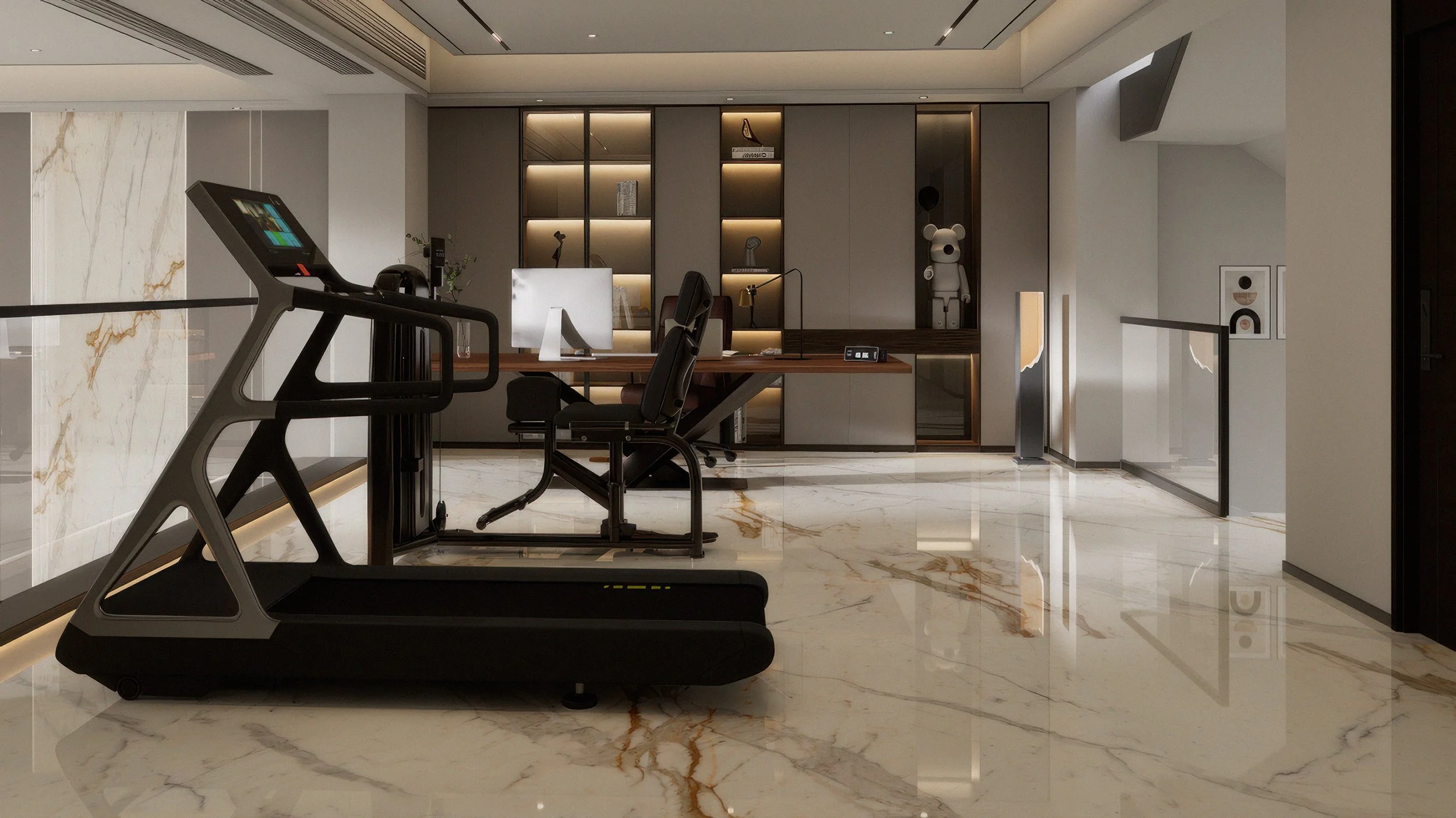 Modern Gym With Porcelain Slab Flooring Featuring Calacatta Gold Design