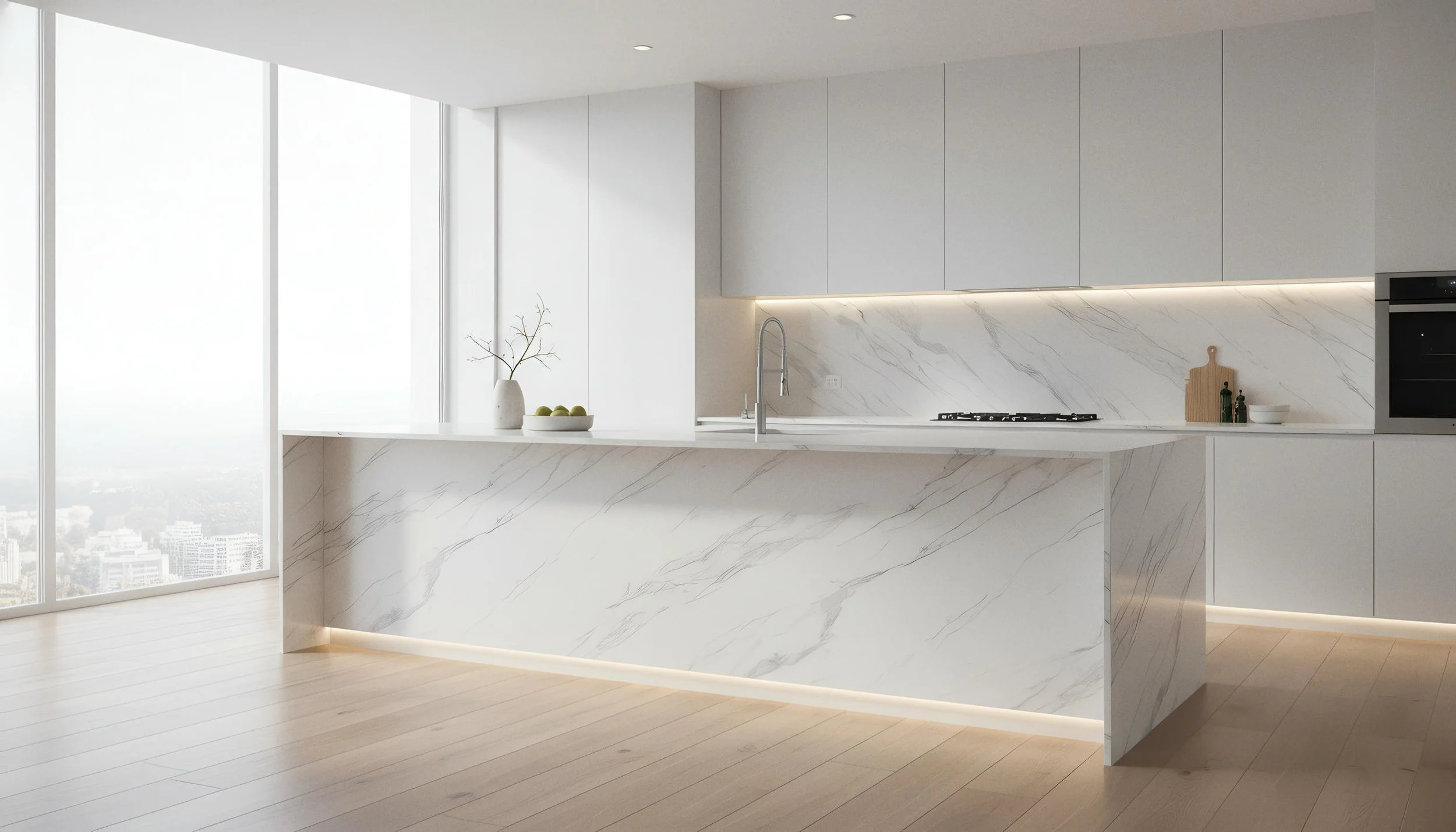 Modern Kitchen With Alaska White 4x9 Porcelain Slab Island & Backsplash | CIERO