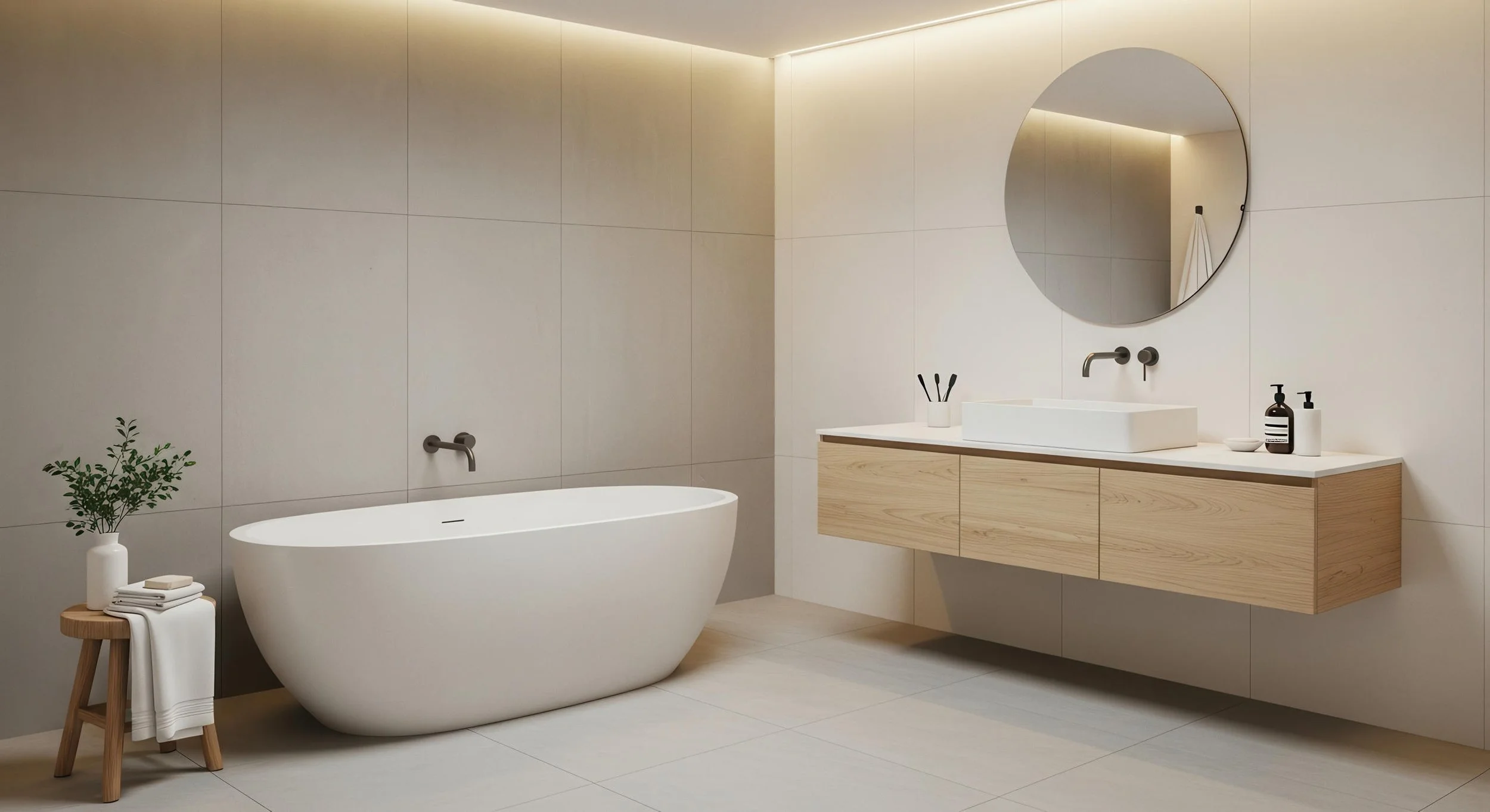 Modern And Minimal bathroom With Porcelain Tile Floors & Walls