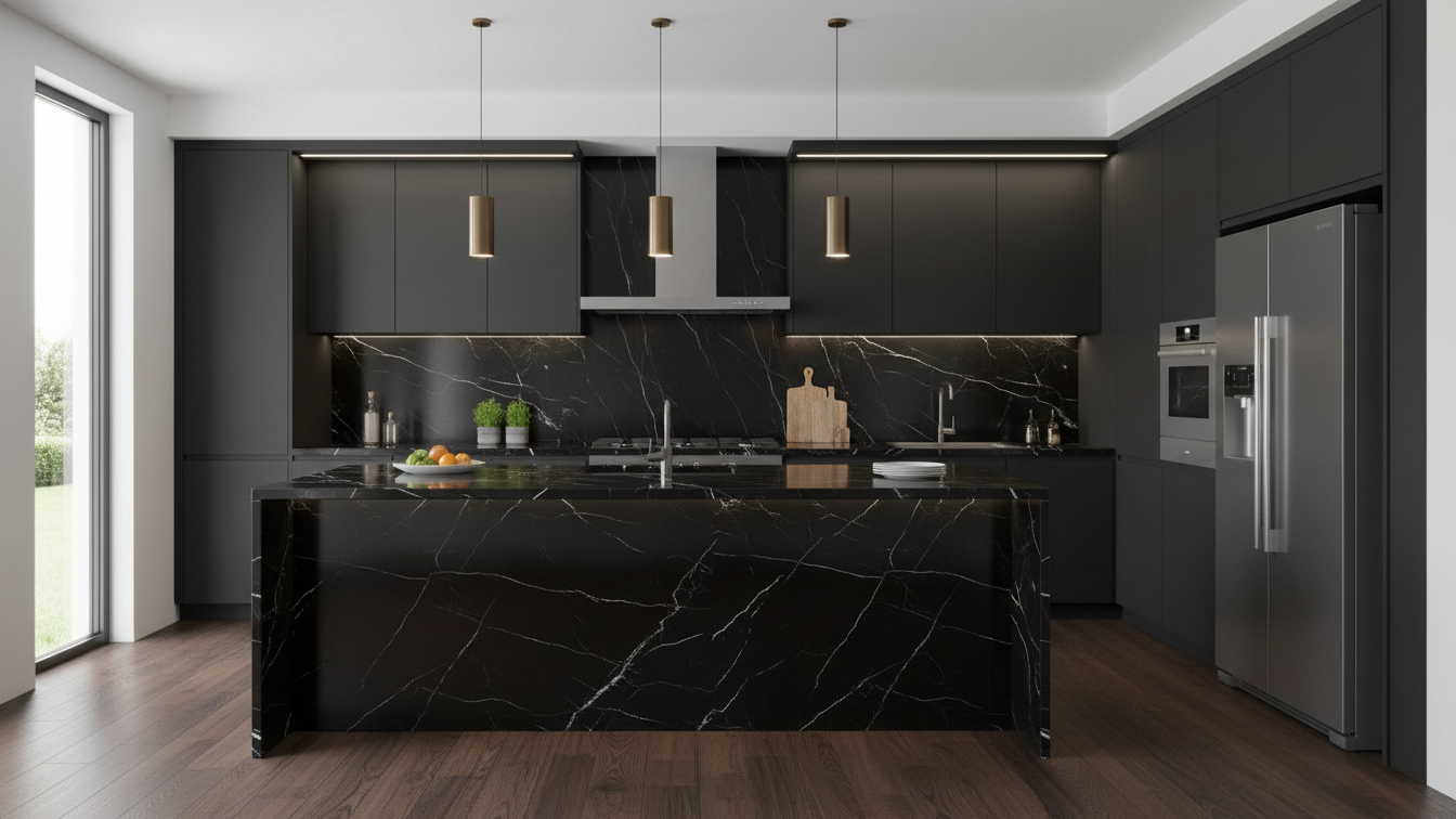 Luxurious Kitchen with dark tones and nero marquina porcelain slabs for island and backsplash