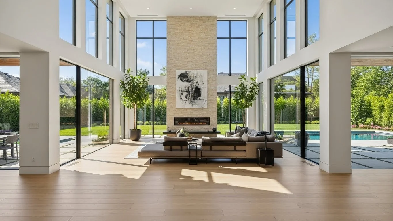 Large and Lit livingroom with tall glass windows and Engineered wood flooring.